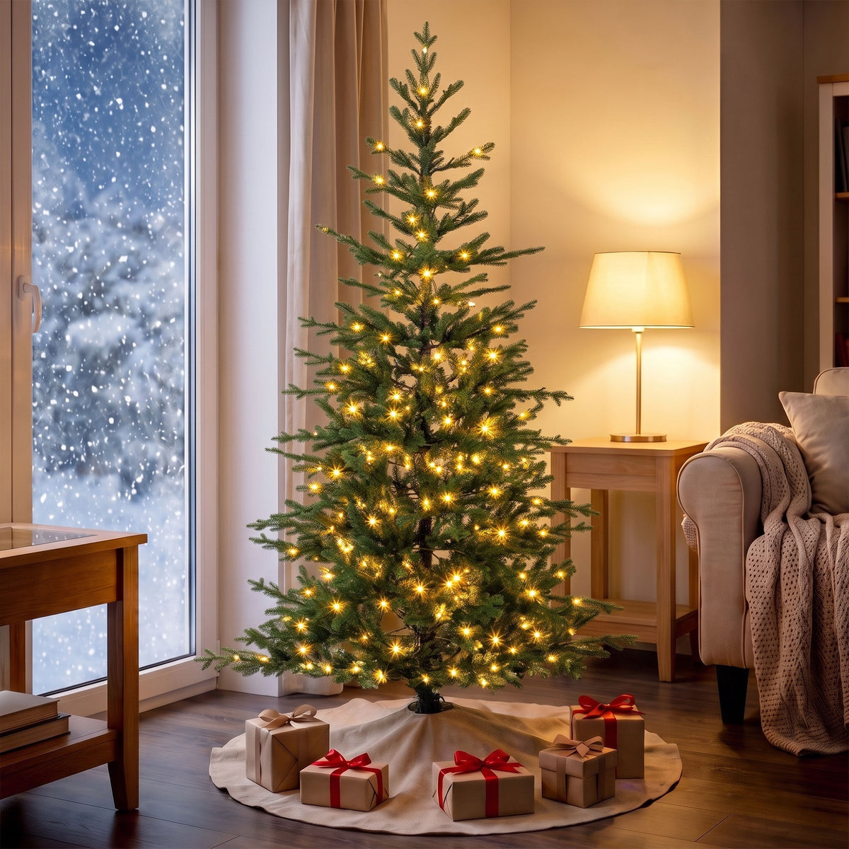 6ft Prelit Sparse Christmas Tree, Artificial Downswept Hinged Xmas Tree with 200 Warm White LED Lights, 8 Modes, 1577 Tips, Metal Stand, Green