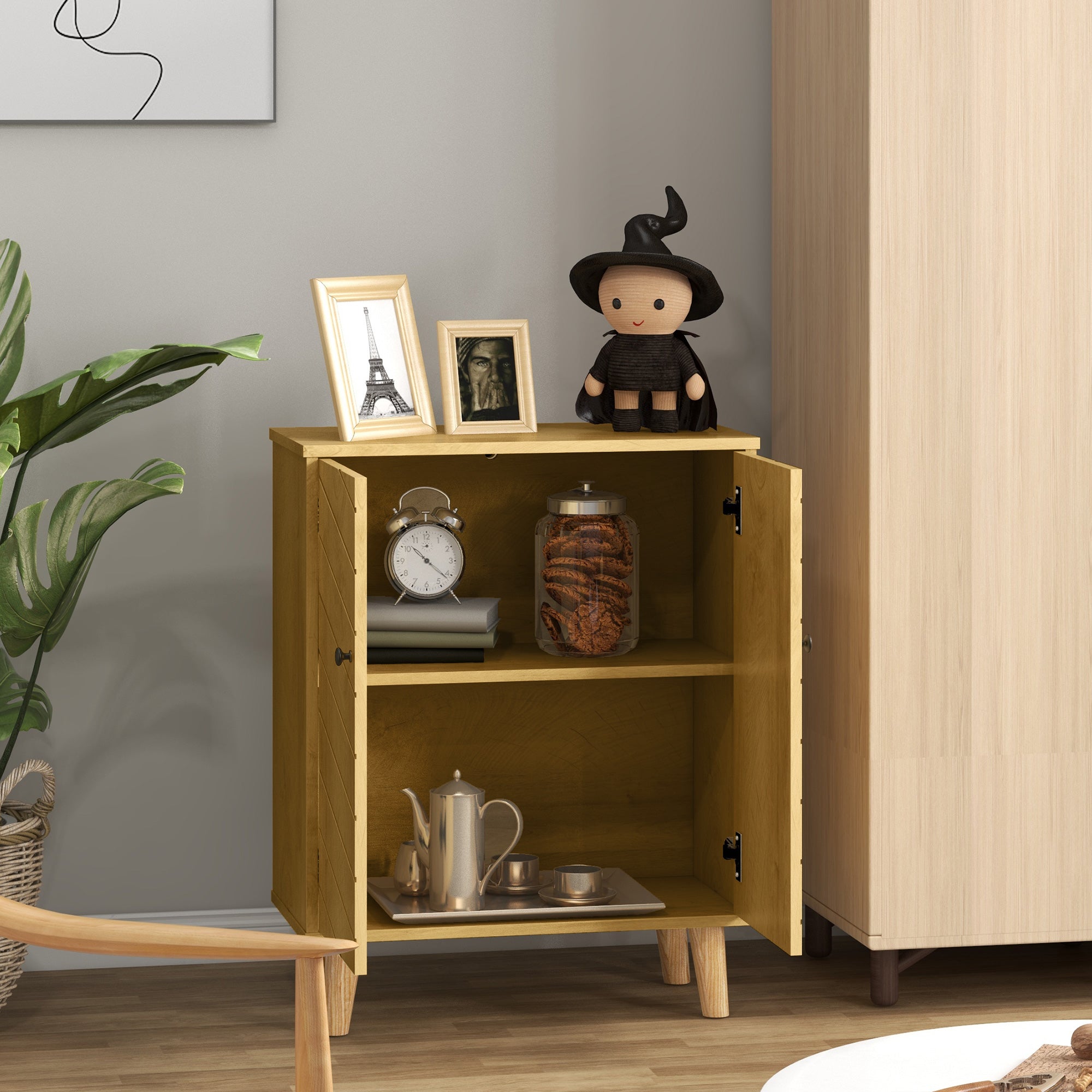 HOMCOM Vintage Storage Cabinet with Double Chevron Doors and Pine Wood Legs, Side Cabinet for Living Room, Kitchen, Bedroom, Natural Wood Effect