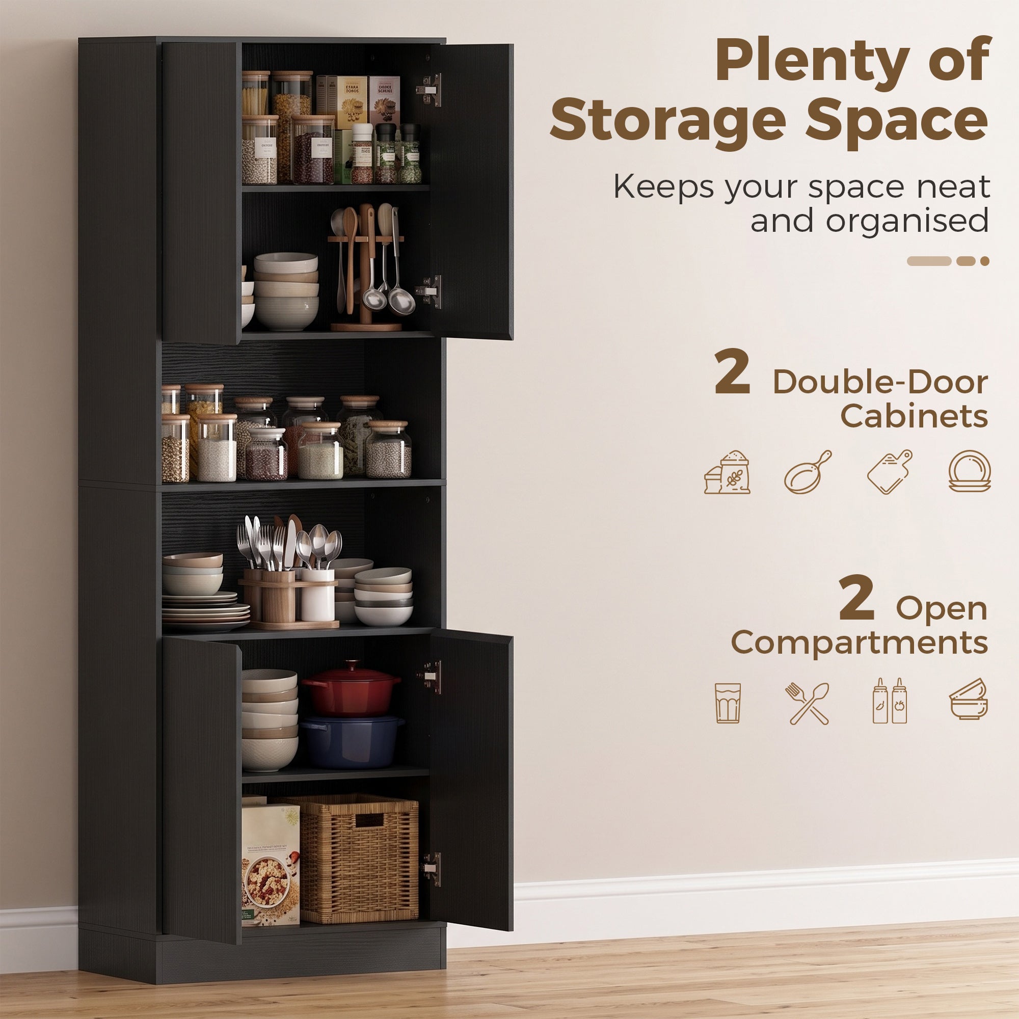 170 cm Tall Kitchen Cupboard, Pantry Storage Cabinet with Soft-Close Hinges, Freestanding Kitchen Cabinet with 2 Cupboards, 2 Open Shelves and Adjustable Shelves, Black Wood Effect