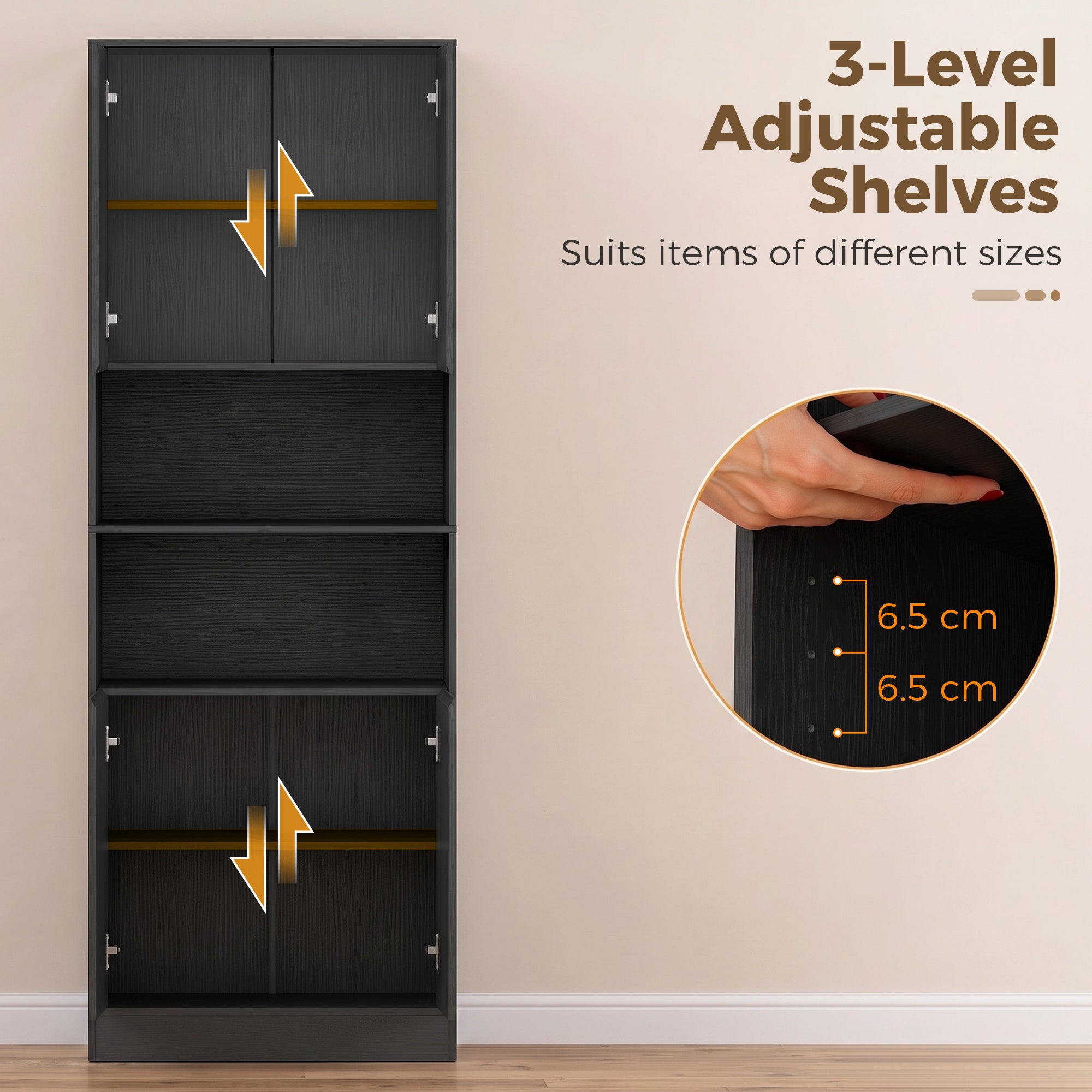 170 cm Tall Kitchen Cupboard, Pantry Storage Cabinet with Soft-Close Hinges, Freestanding Kitchen Cabinet with 2 Cupboards, 2 Open Shelves and Adjustable Shelves, Black Wood Effect
