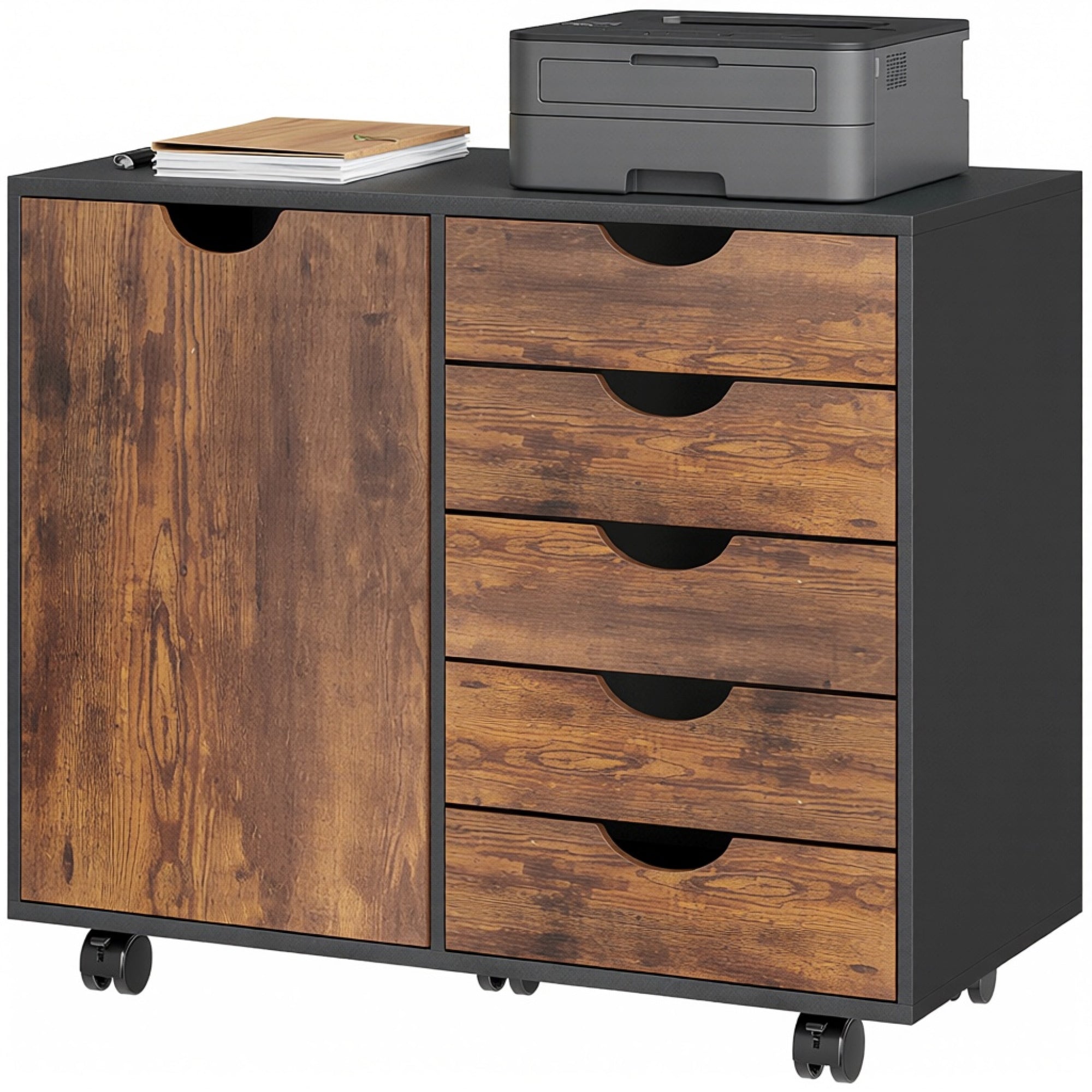 Lateral Office Storage Cabinet on Wheels, 5-Drawers Cabinet with Door and Adjustable Shelf for Home Office, Rustic Brown