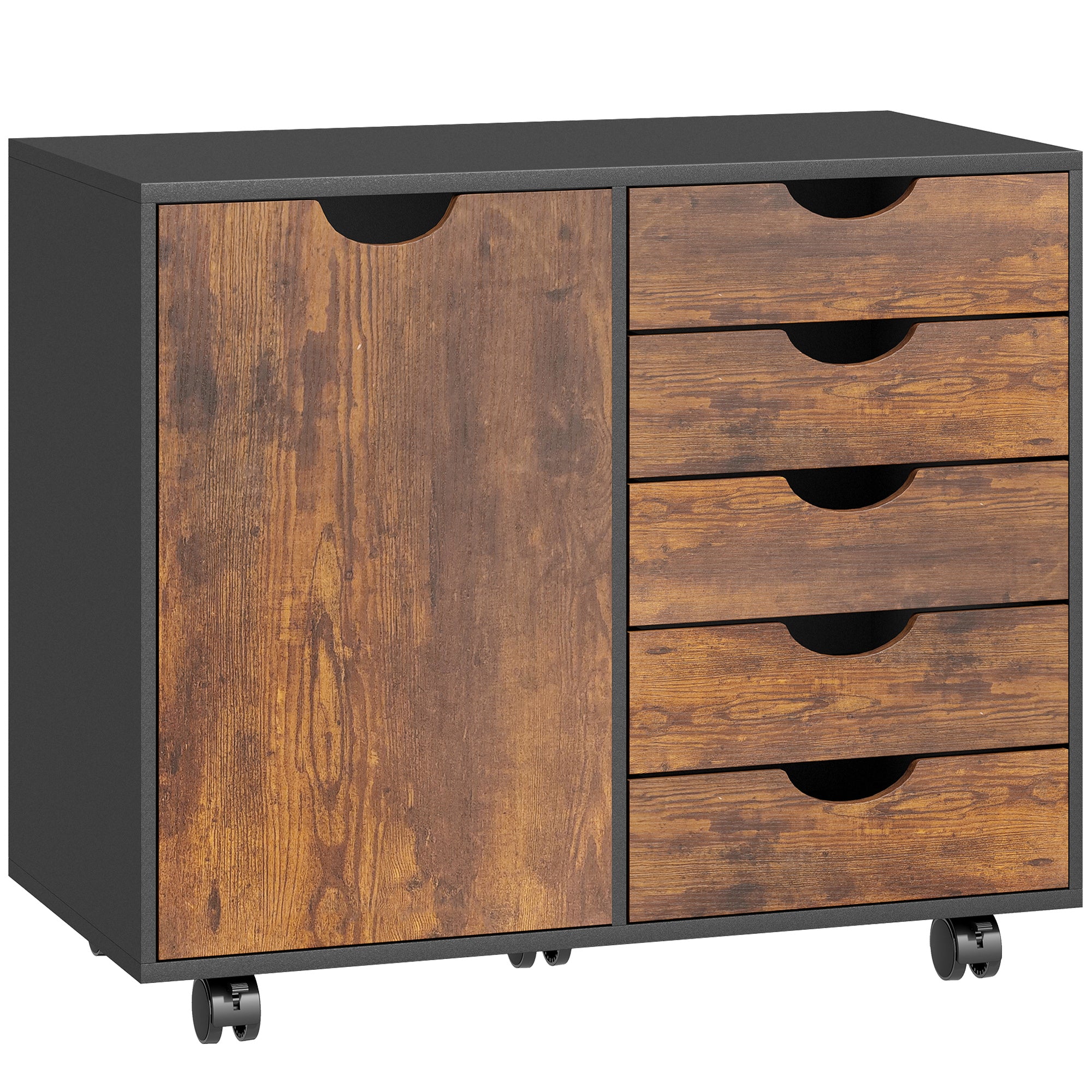 Lateral Office Storage Cabinet on Wheels, 5-Drawers Cabinet with Door and Adjustable Shelf for Home Office, Rustic Brown
