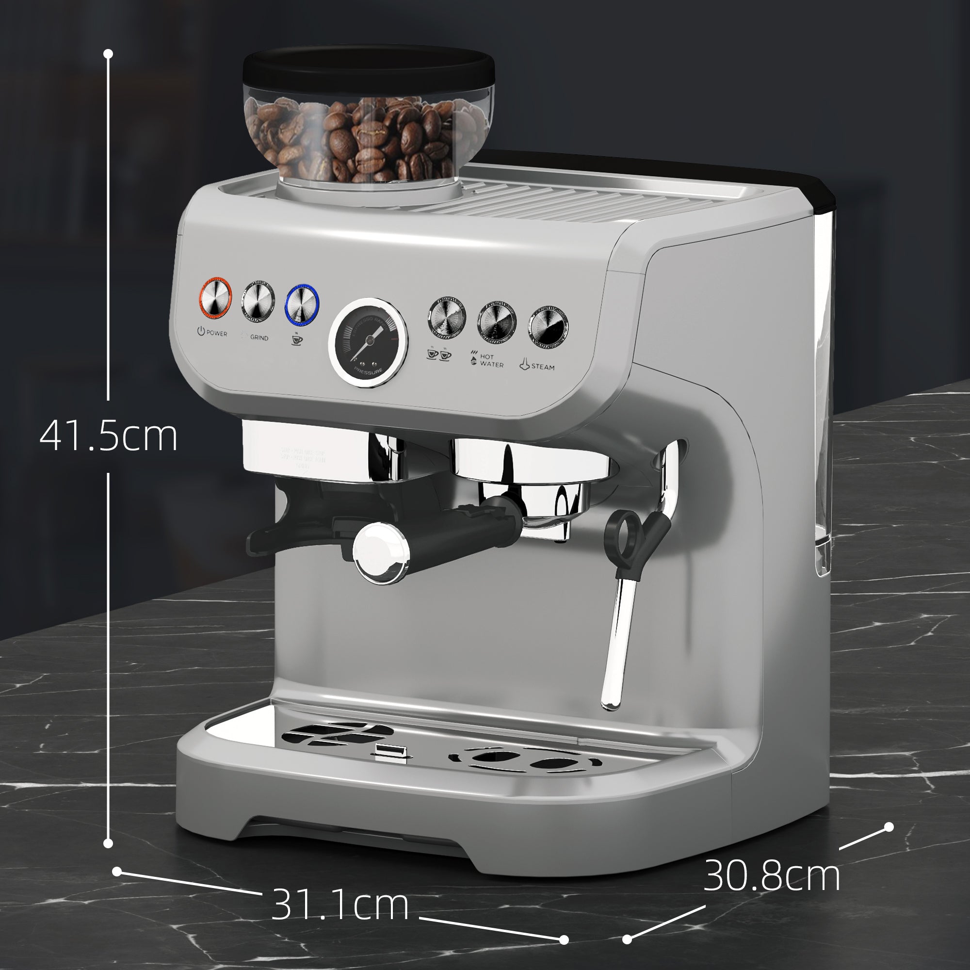 HOMCOM Espresso Machine with Integrated Bean Grinder & Steam Wand, Bean to Cup Coffee Machine with 15 Bar Italian Pump, 2L Water Tank, Cappuccino Maker, Stainless Steel Silver