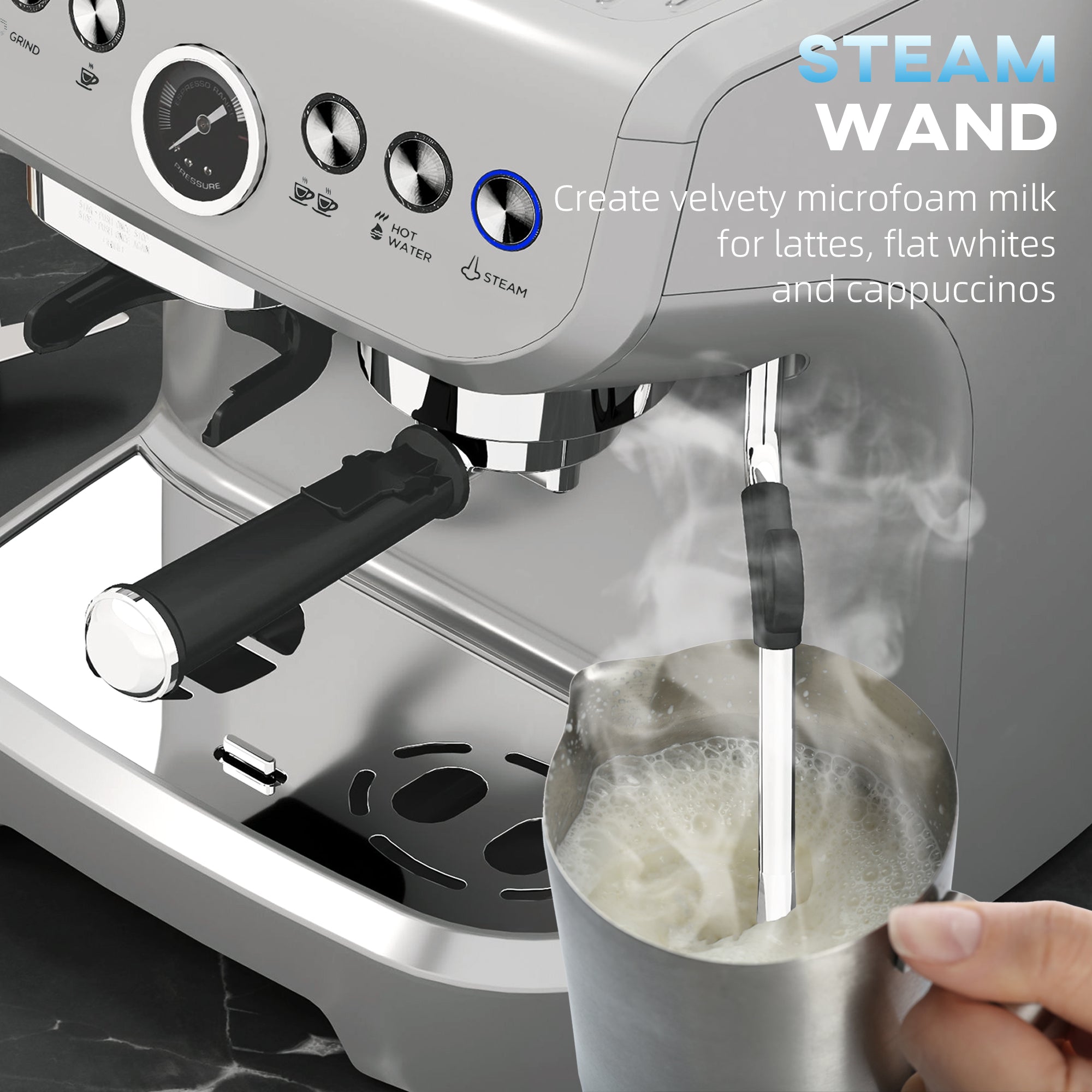 HOMCOM Espresso Machine with Integrated Bean Grinder & Steam Wand, Bean to Cup Coffee Machine with 15 Bar Italian Pump, 2L Water Tank, Cappuccino Maker, Stainless Steel Silver
