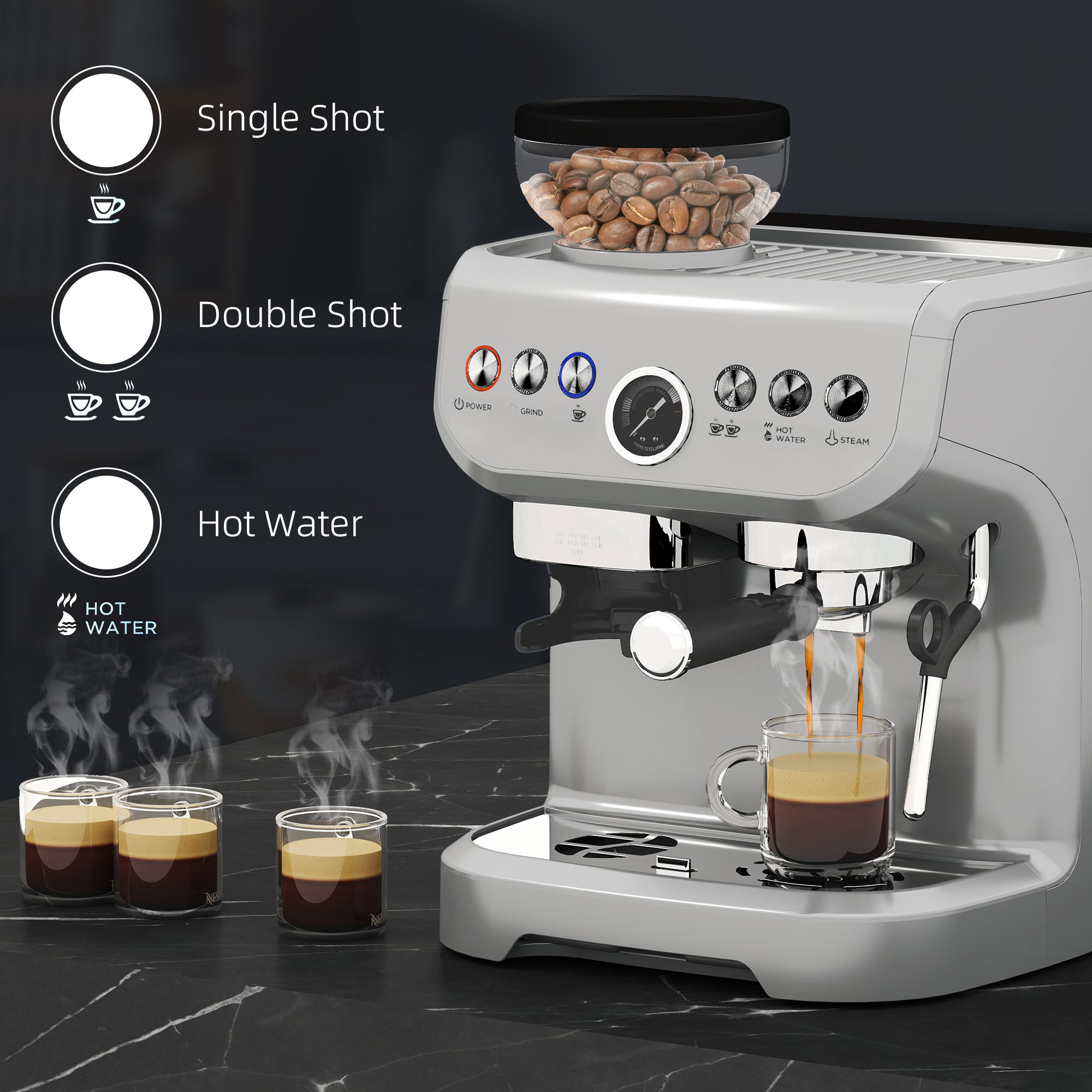 HOMCOM Espresso Machine with Integrated Bean Grinder & Steam Wand, Bean to Cup Coffee Machine with 15 Bar Italian Pump, 2L Water Tank, Cappuccino Maker, Stainless Steel Silver