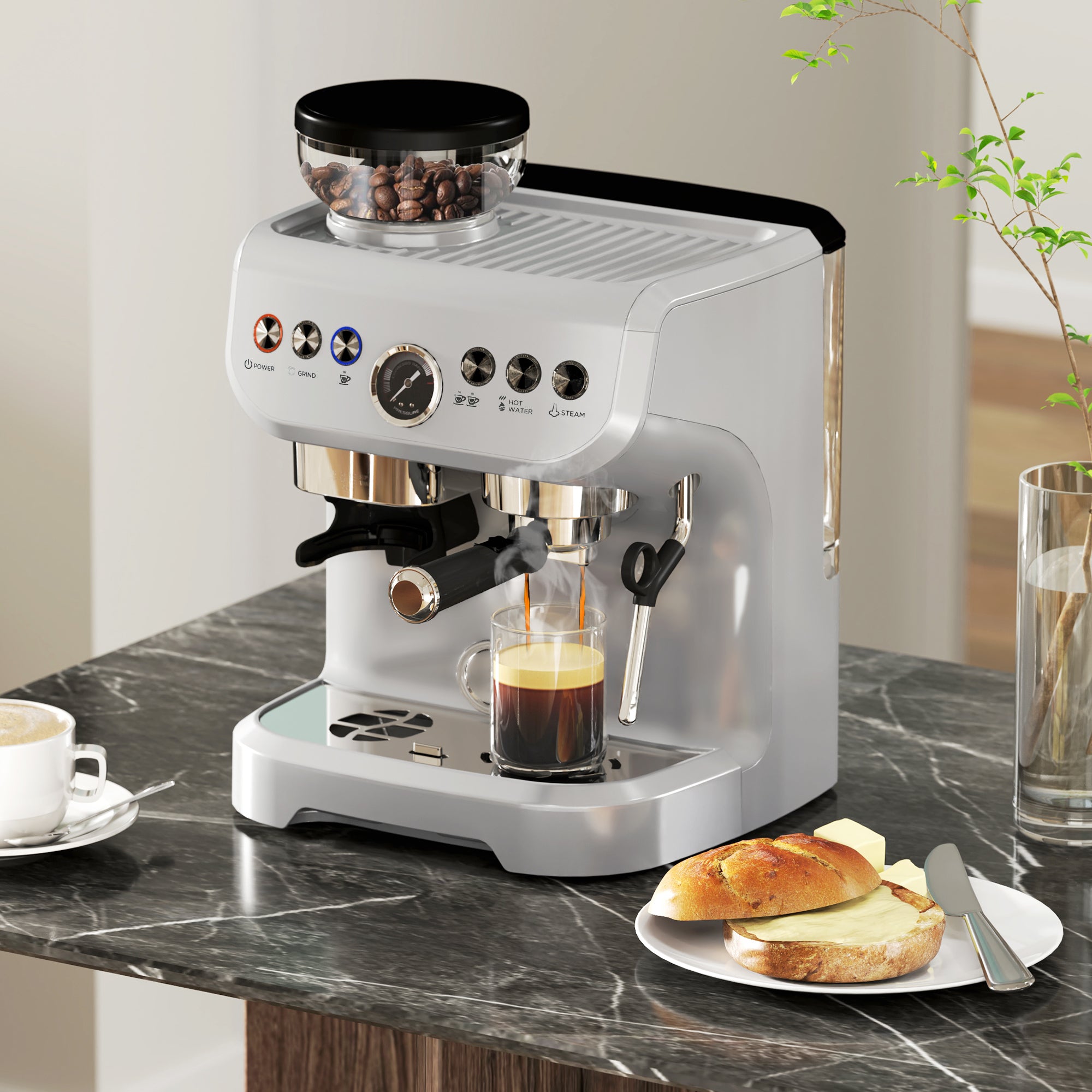 HOMCOM Espresso Machine with Integrated Bean Grinder & Steam Wand, Bean to Cup Coffee Machine with 15 Bar Italian Pump, 2L Water Tank, Cappuccino Maker, Stainless Steel Silver