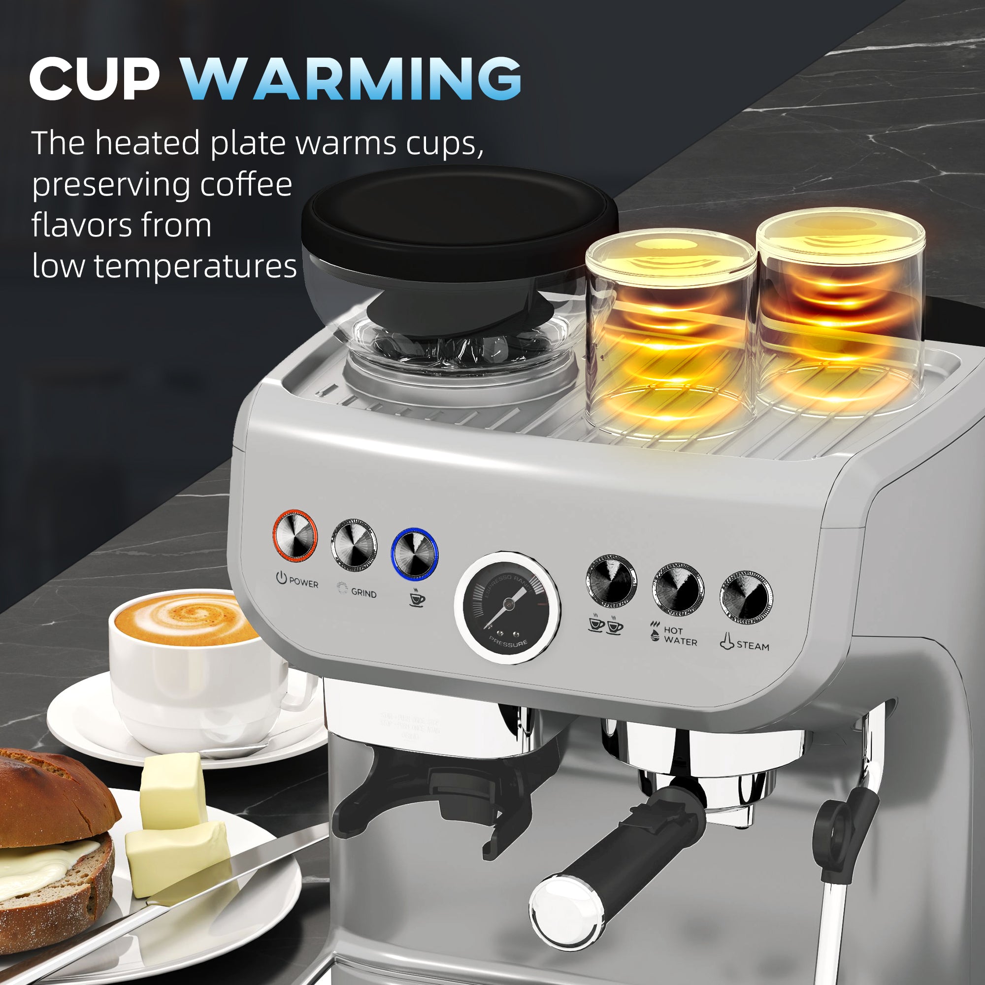 HOMCOM Espresso Machine with Integrated Bean Grinder & Steam Wand, Bean to Cup Coffee Machine with 15 Bar Italian Pump, 2L Water Tank, Cappuccino Maker, Stainless Steel Silver