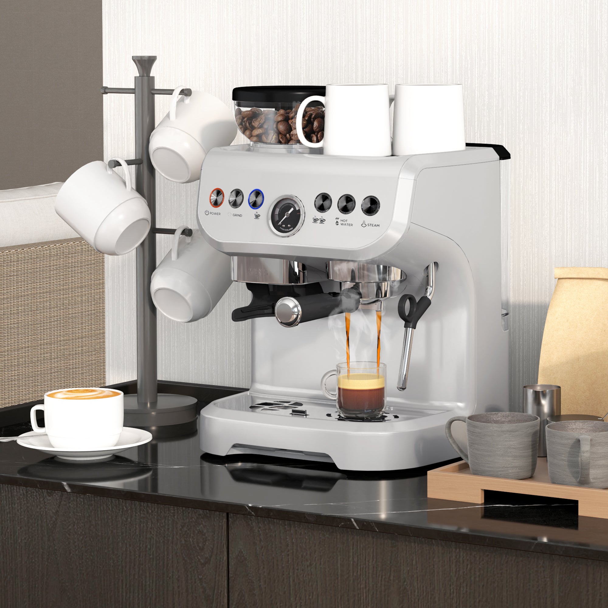 HOMCOM Espresso Machine with Integrated Bean Grinder & Steam Wand, Bean to Cup Coffee Machine with 15 Bar Italian Pump, 2L Water Tank, Cappuccino Maker, Stainless Steel Silver