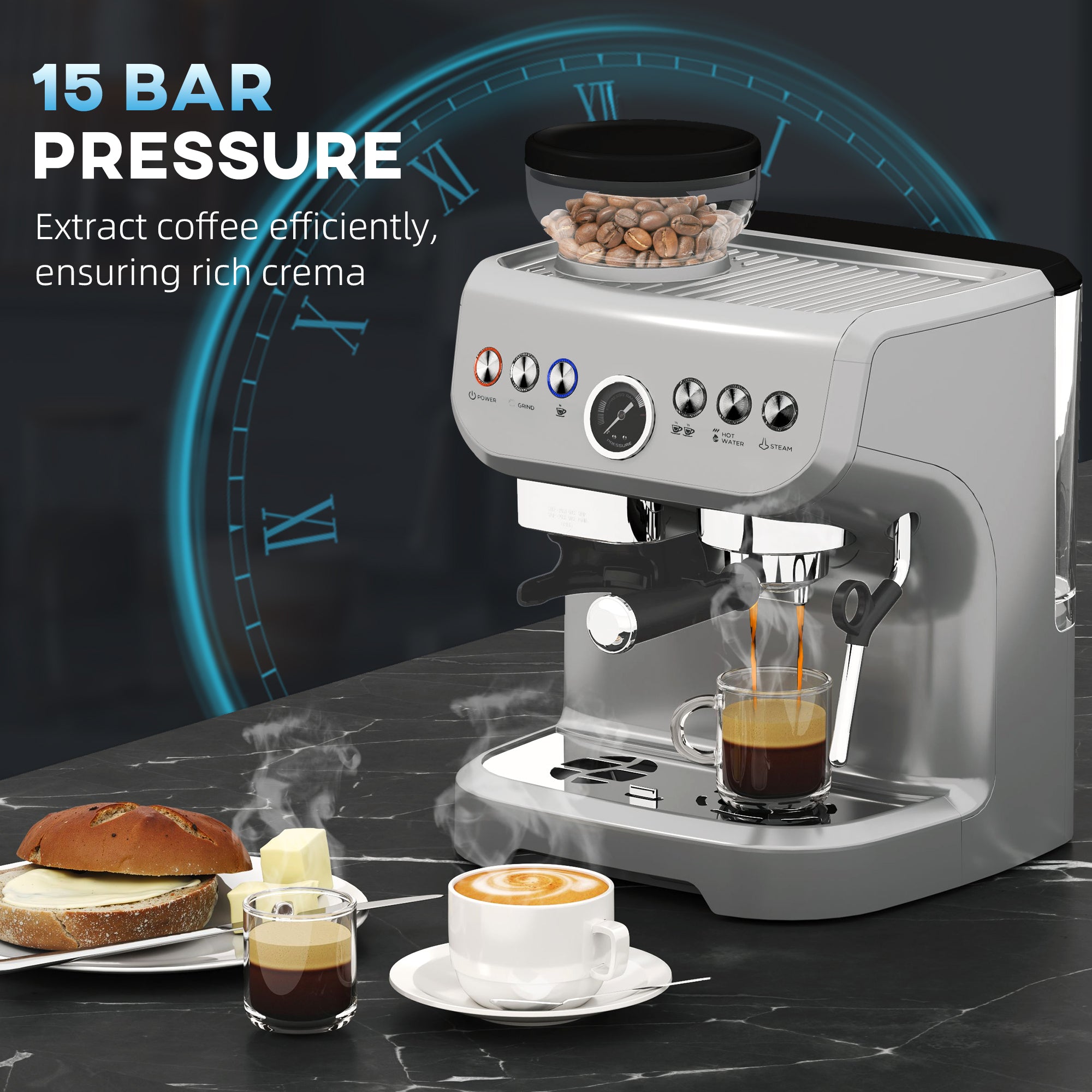 HOMCOM Espresso Machine with Integrated Bean Grinder & Steam Wand, Bean to Cup Coffee Machine with 15 Bar Italian Pump, 2L Water Tank, Cappuccino Maker, Stainless Steel Silver