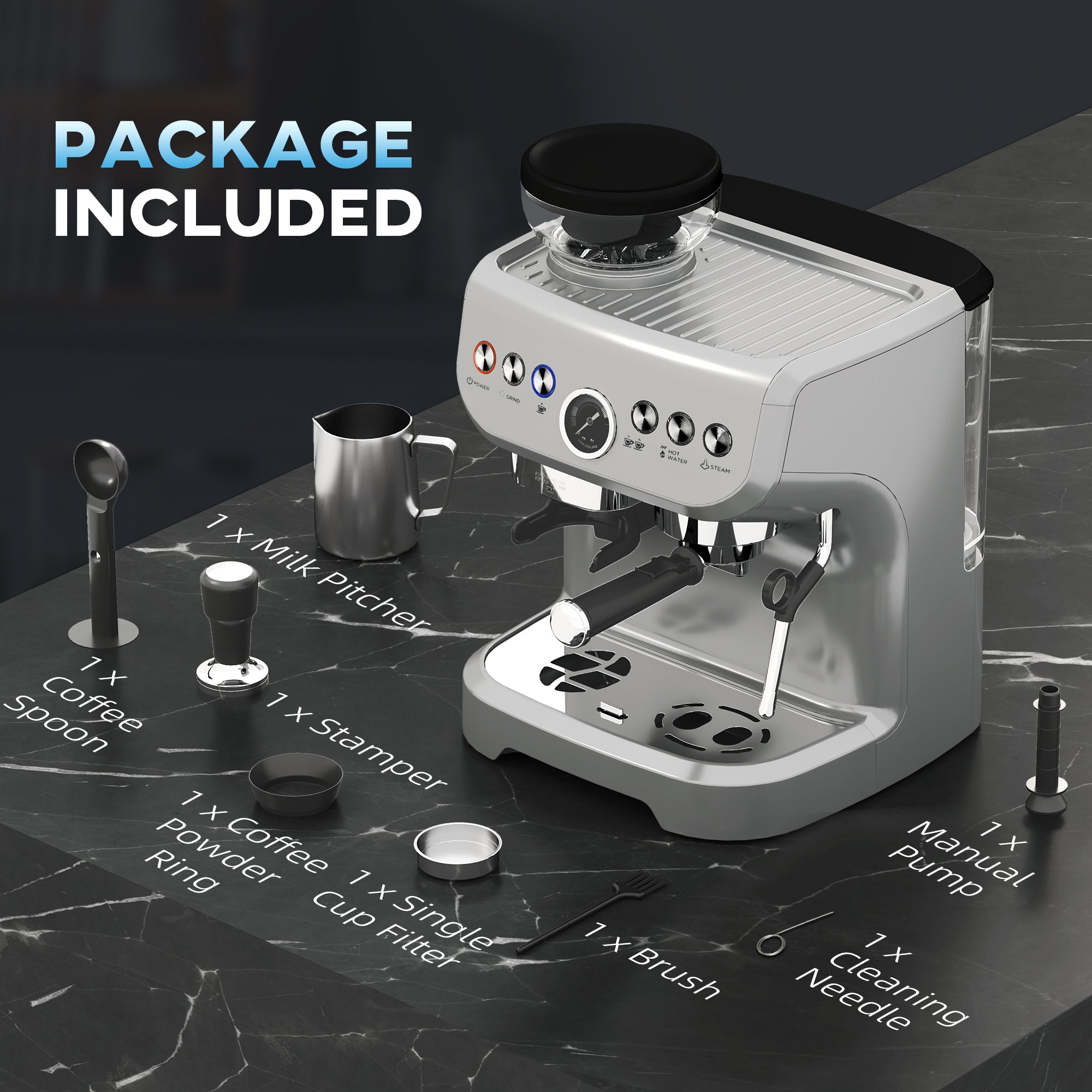HOMCOM Espresso Machine with Integrated Bean Grinder & Steam Wand, Bean to Cup Coffee Machine with 15 Bar Italian Pump, 2L Water Tank, Cappuccino Maker, Stainless Steel Silver