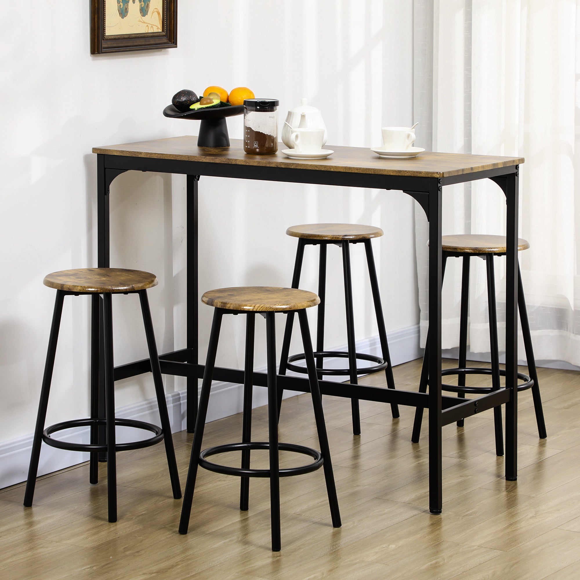 HOMCOM 5 Piece Bar Table Set, Industrial Dining Table Set for 4 with Stools, Metal Frame, Footrest for Kitchen, Living Room, Small Space, Rustic Brown