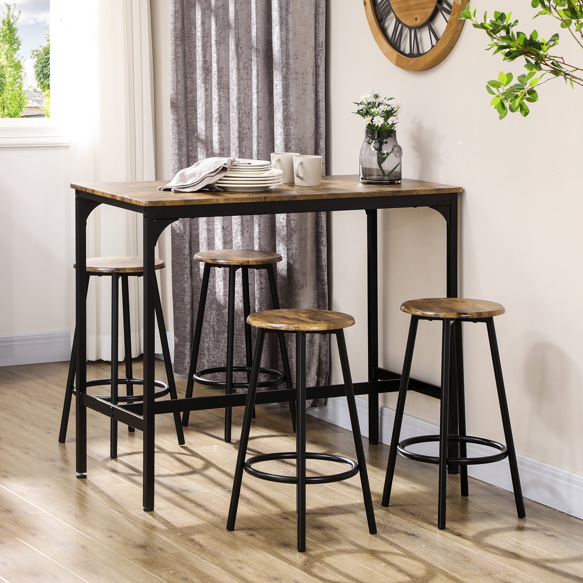 5 Piece Counter Height Bar Table and Chairs Set Bar Table with Stools Rustic Brown