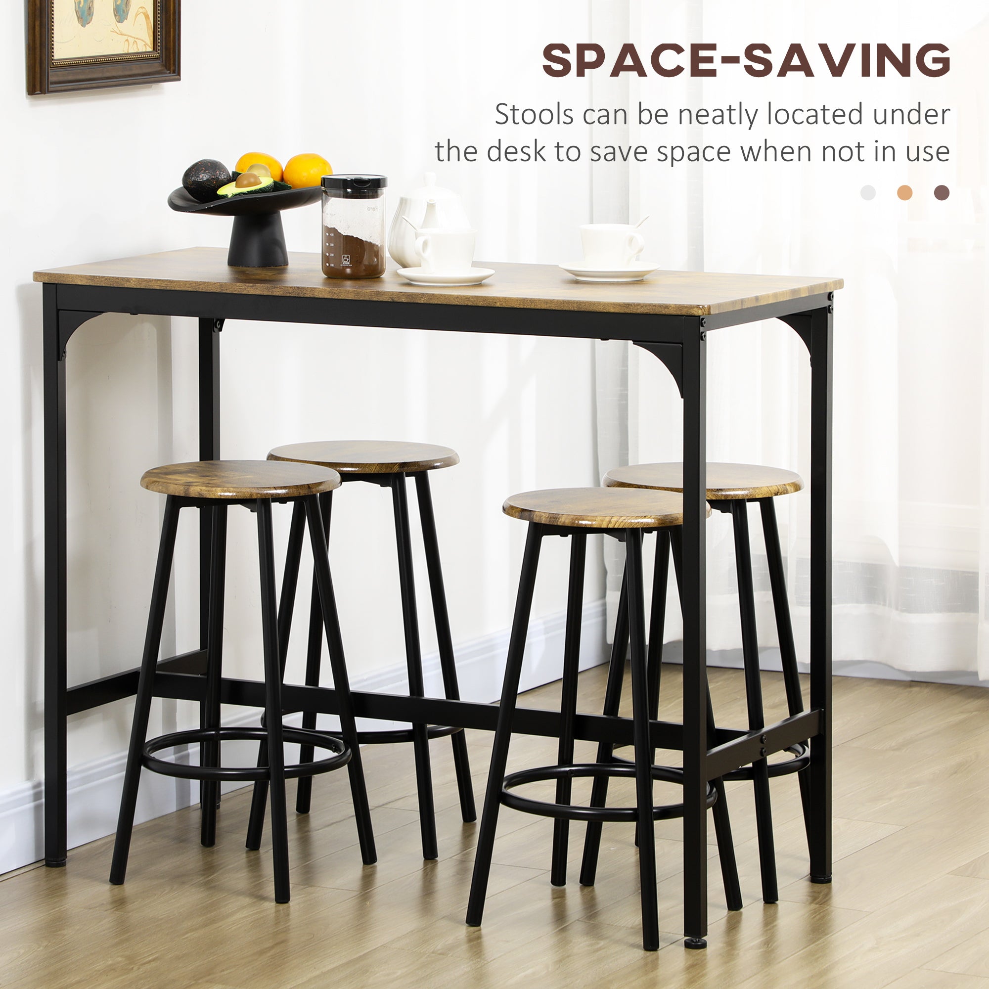 HOMCOM 5 Piece Bar Table Set, Industrial Dining Table Set for 4 with Stools, Metal Frame, Footrest for Kitchen, Living Room, Small Space, Rustic Brown