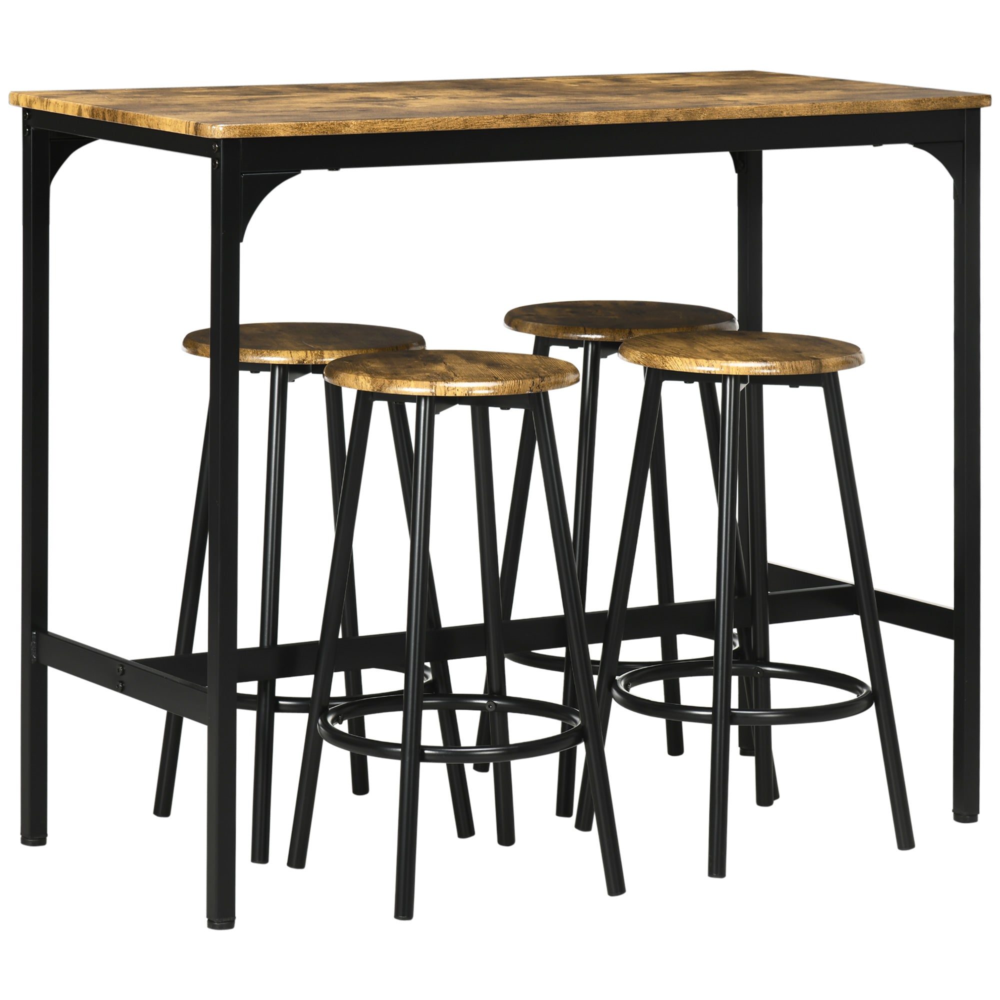 HOMCOM 5 Piece Bar Table Set, Industrial Dining Table Set for 4 with Stools, Metal Frame, Footrest for Kitchen, Living Room, Small Space, Rustic Brown