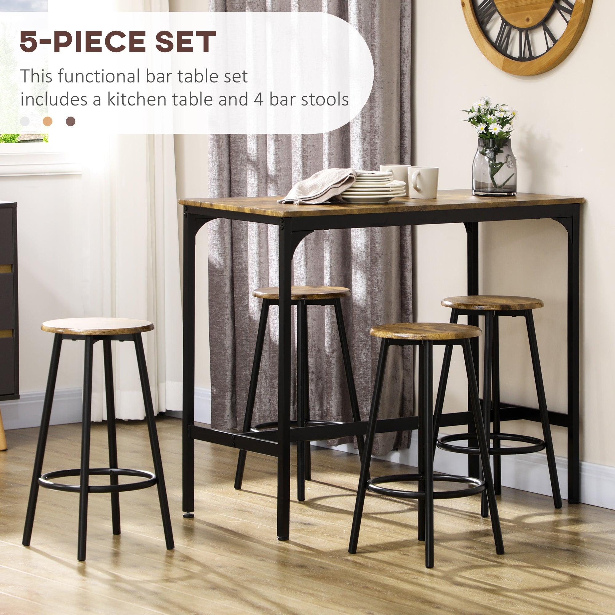 5 Piece Counter Height Bar Table and Chairs Set Bar Table with Stools Rustic Brown