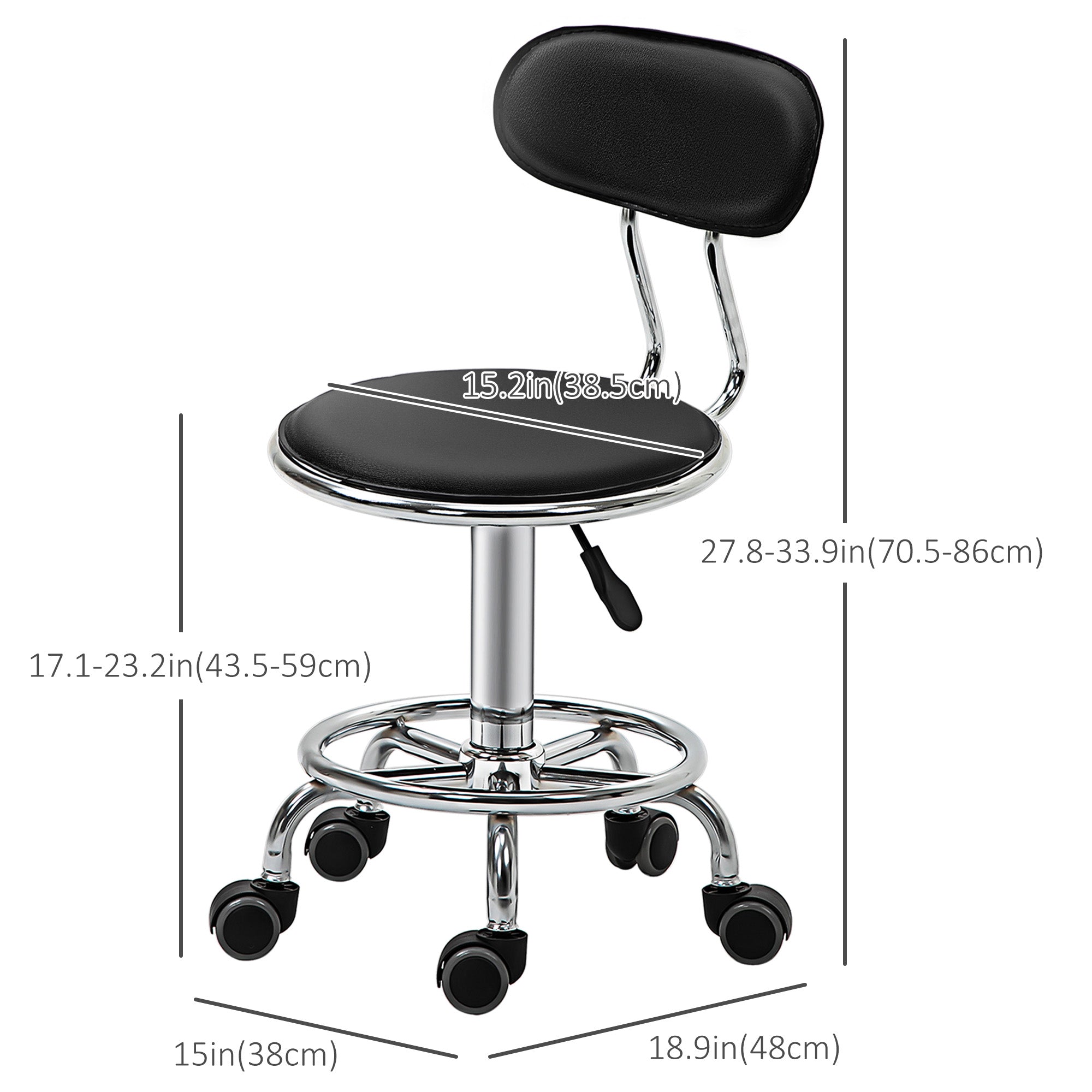 HOMCOM Height Adjustable Rolling Stool with Footrest Ring, Faux Leather Salon Stool with Back and Wheels for Beauty, Spa, Tattoo, Home Office, Black