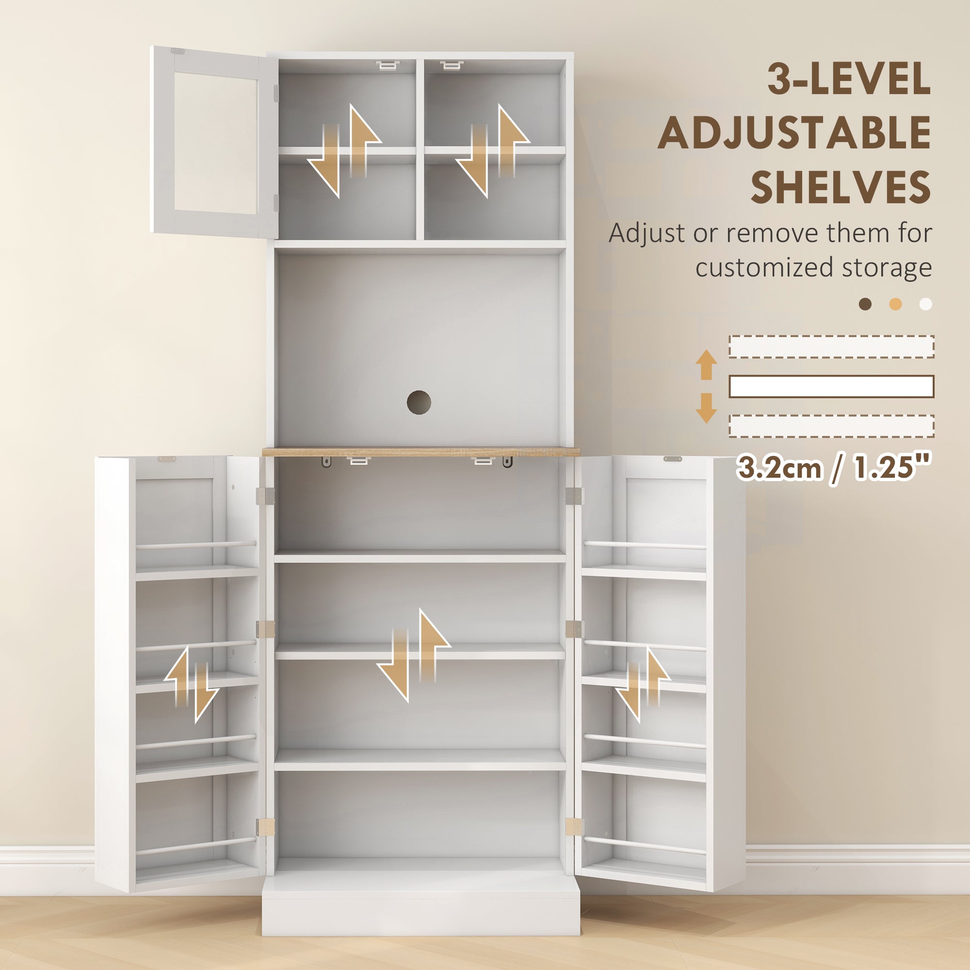 169cm Kitchen Cupboard, Freestanding Storage Cabinet with Microwave Shelf, Adjustable Shelves & 8 Door Storage, Modern Kitchen Pantry with Glass Door for Living Room, Dining Room, White