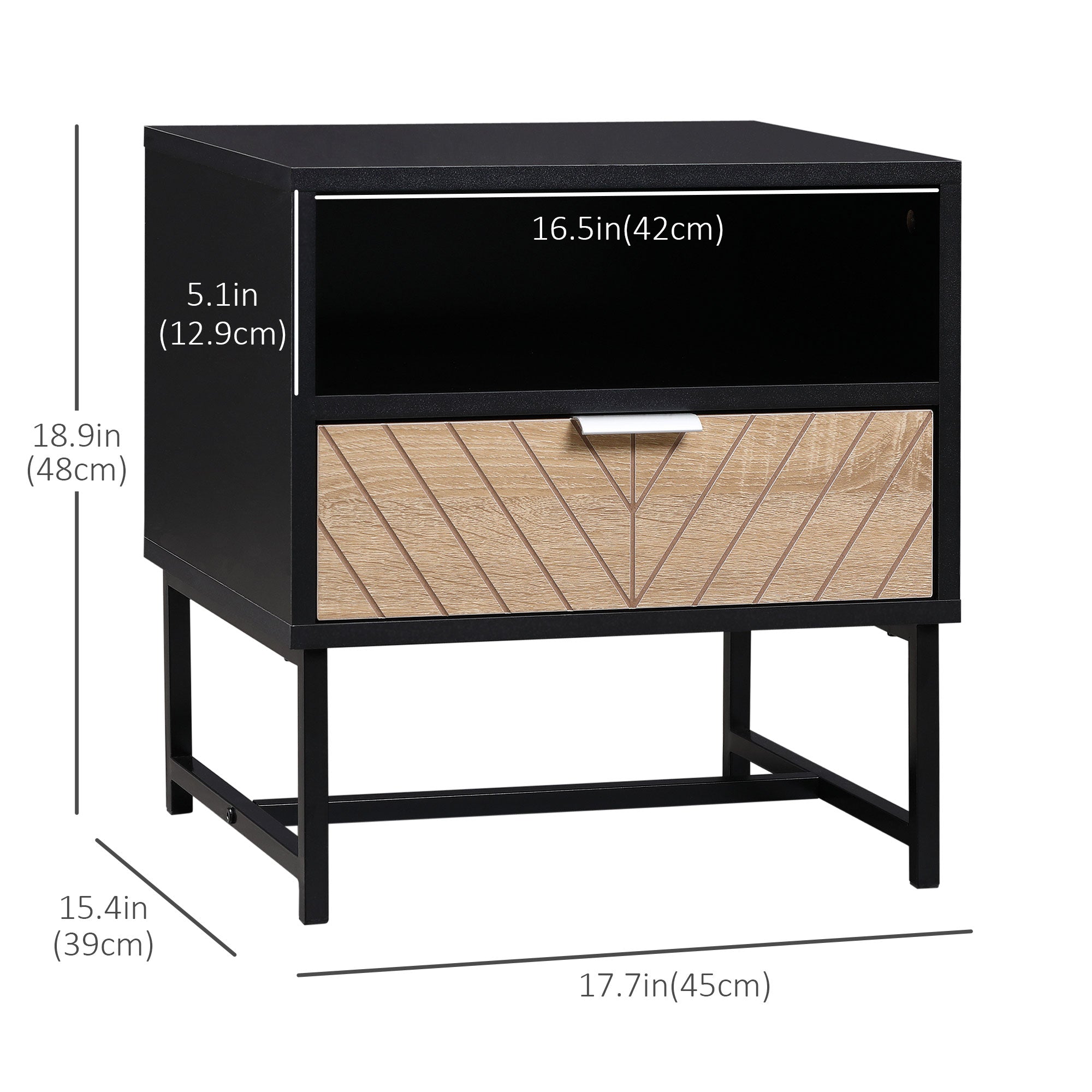 HOMCOM Modern Bedside Table with Drawer and Storage Shelf, Nightstand with Metal Base, Sofa End Table for Bedroom, Black