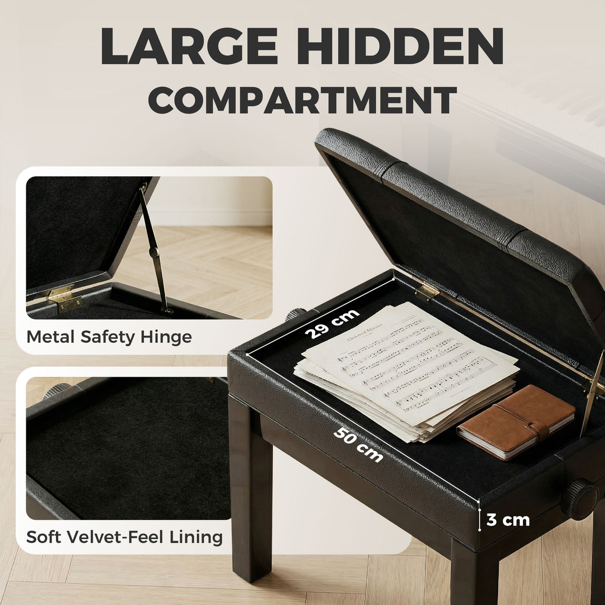 24.8" Adjustable Piano Bench with Padded Cushion and Storage, Faux Leather Keyboard Bench with Solid Wood Legs, Black