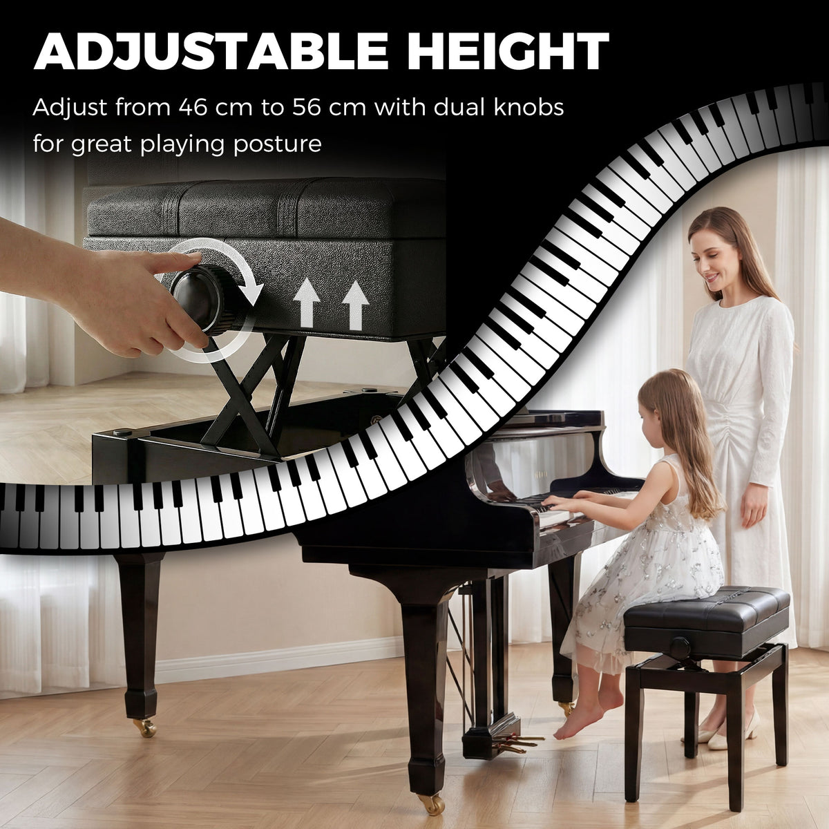 24.8" Adjustable Piano Bench with Padded Cushion and Storage, Faux Leather Keyboard Bench with Solid Wood Legs, Black