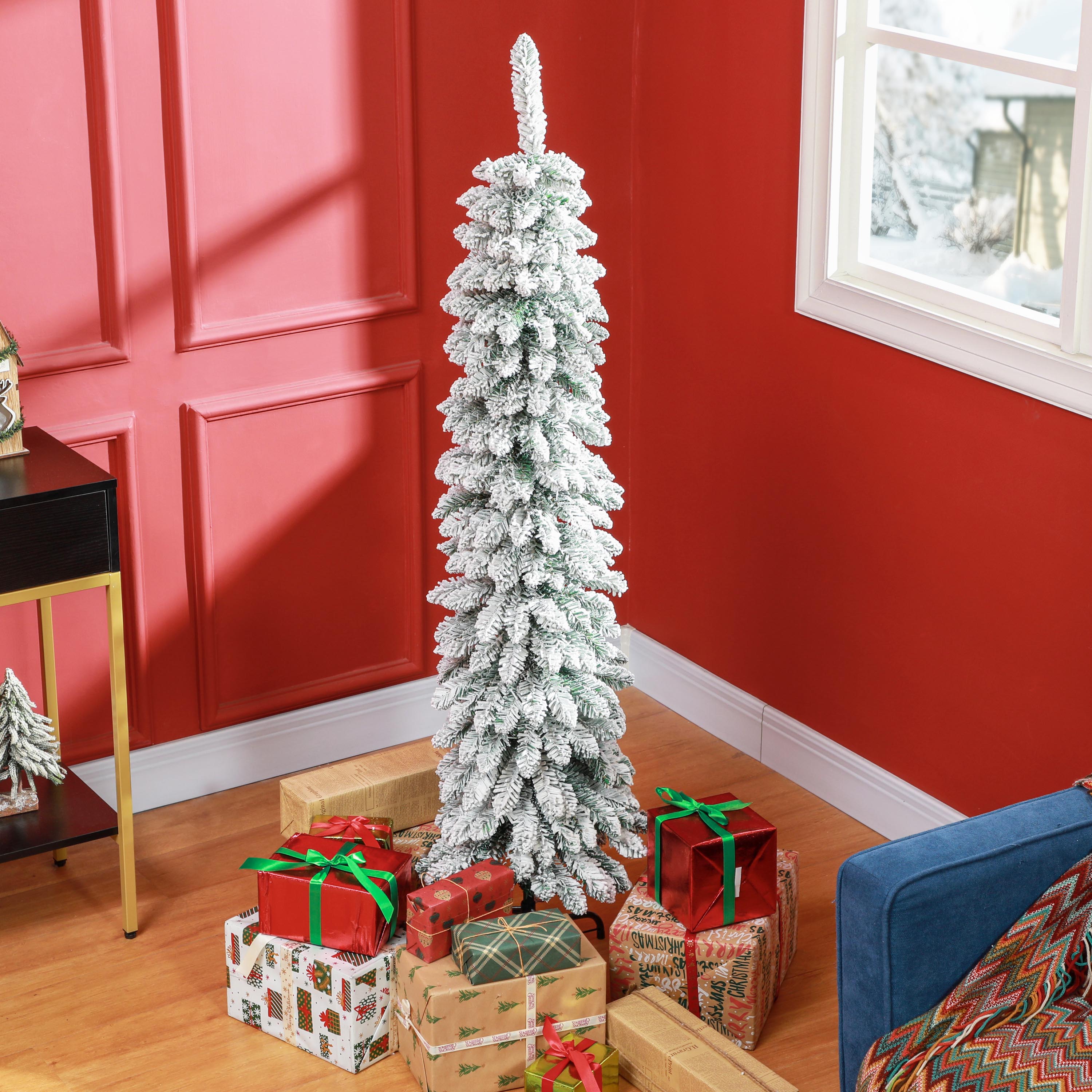 HOMCOM 5 FT Snow-Flocked Artificial Christmas Tree, Slim Pencil Xmas Tree with Realistic Branches, Metal Base, Green