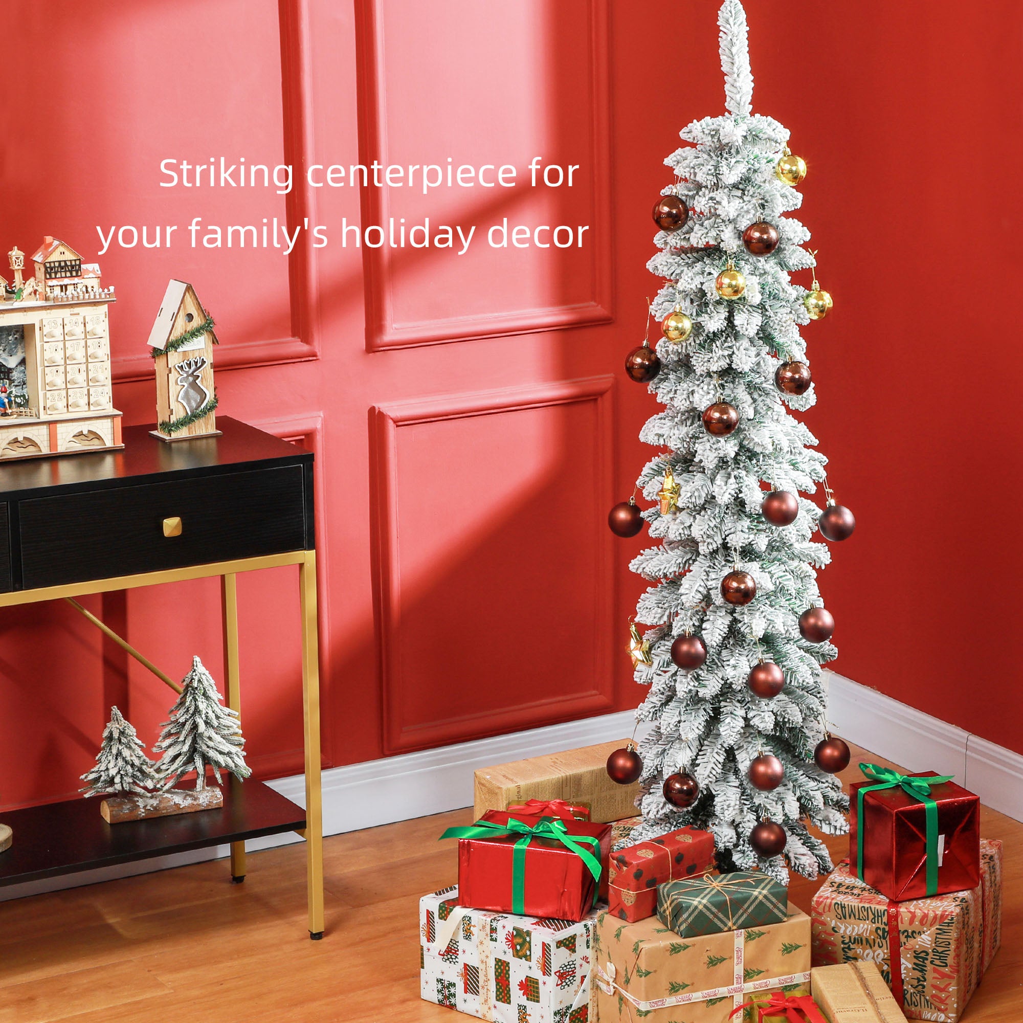HOMCOM 5 FT Snow-Flocked Artificial Christmas Tree, Slim Pencil Xmas Tree with Realistic Branches, Metal Base, Green