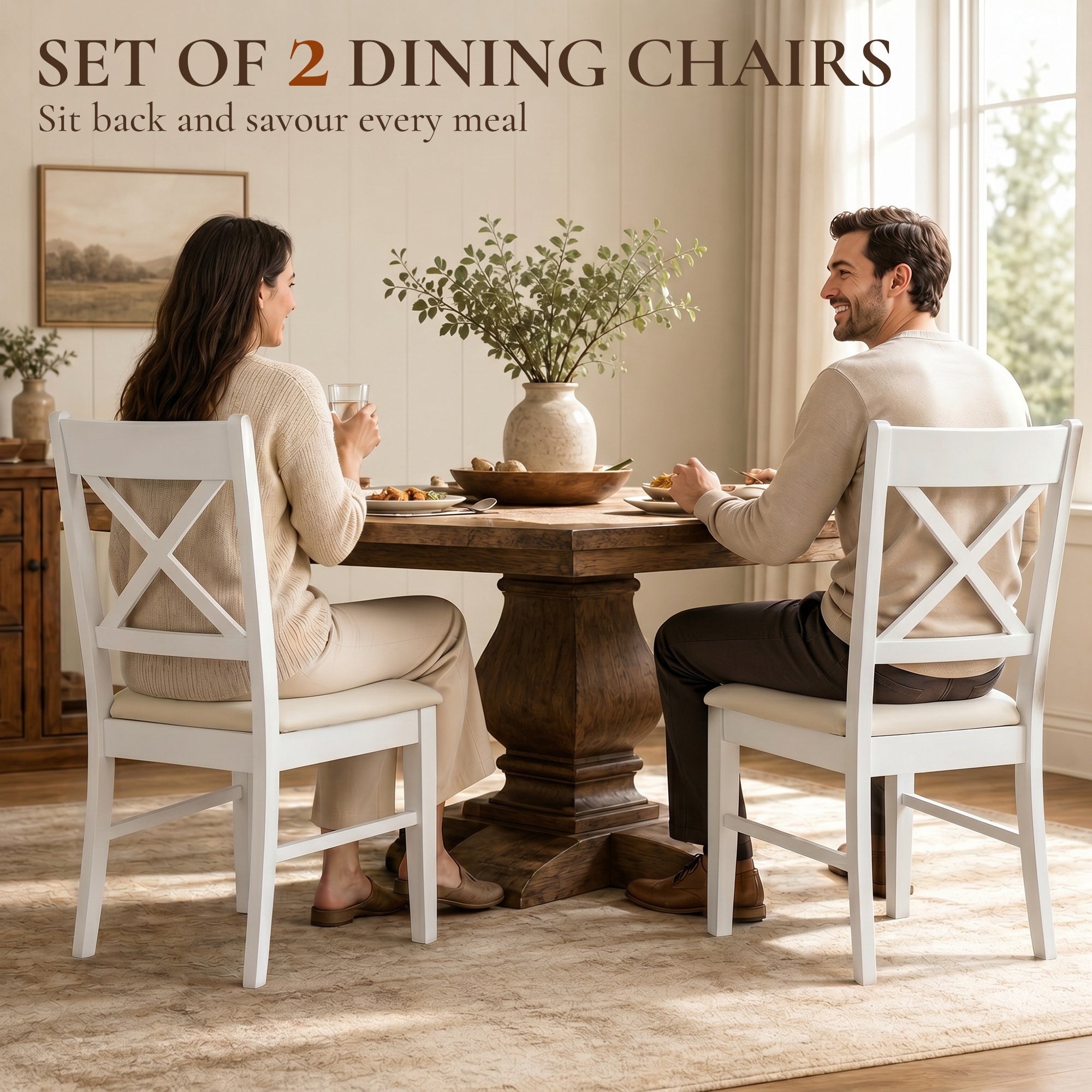 Dining Chairs Set of 2, Upholstered Kitchen Chairs with Rubberwood Frame, Padded Seat and X-Back for Living Room, Dining Room, Kitchen, White