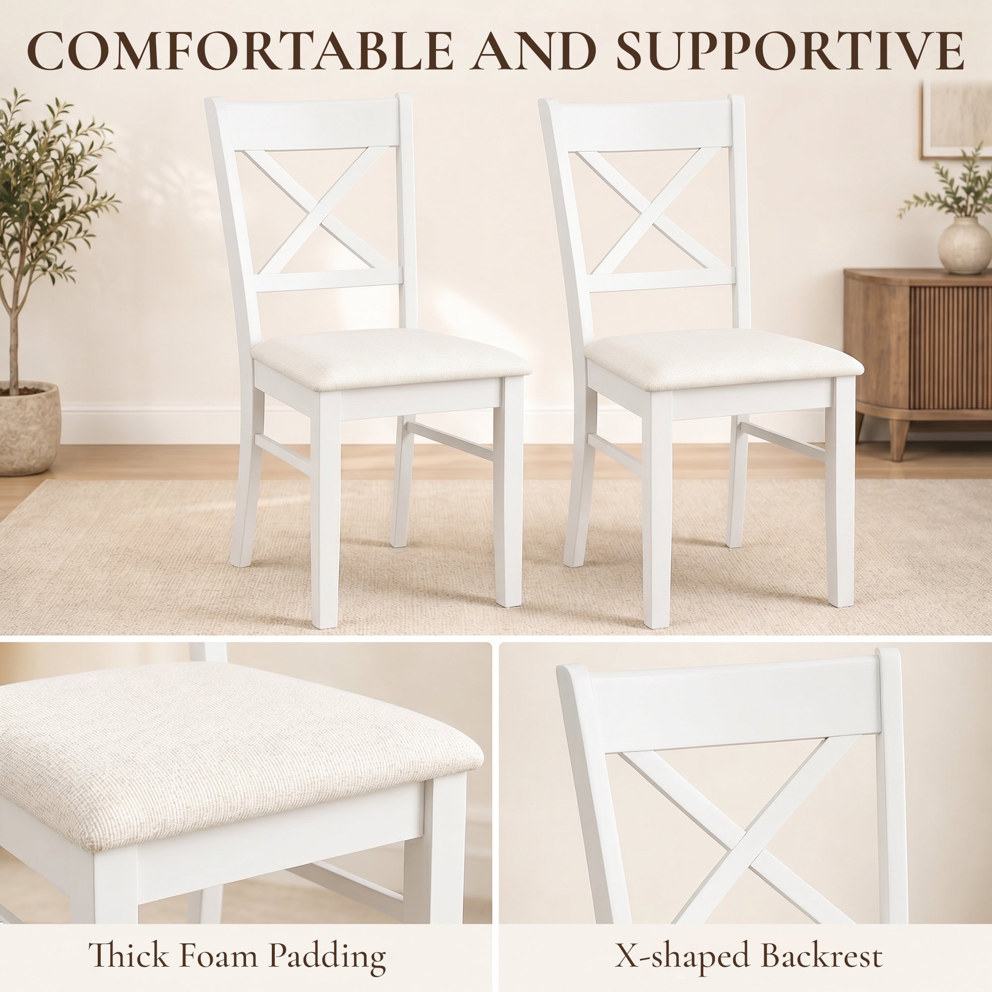 Dining Chairs Set of 2, Upholstered Kitchen Chairs with Rubberwood Frame, Padded Seat and X-Back for Living Room, Dining Room, Kitchen, White