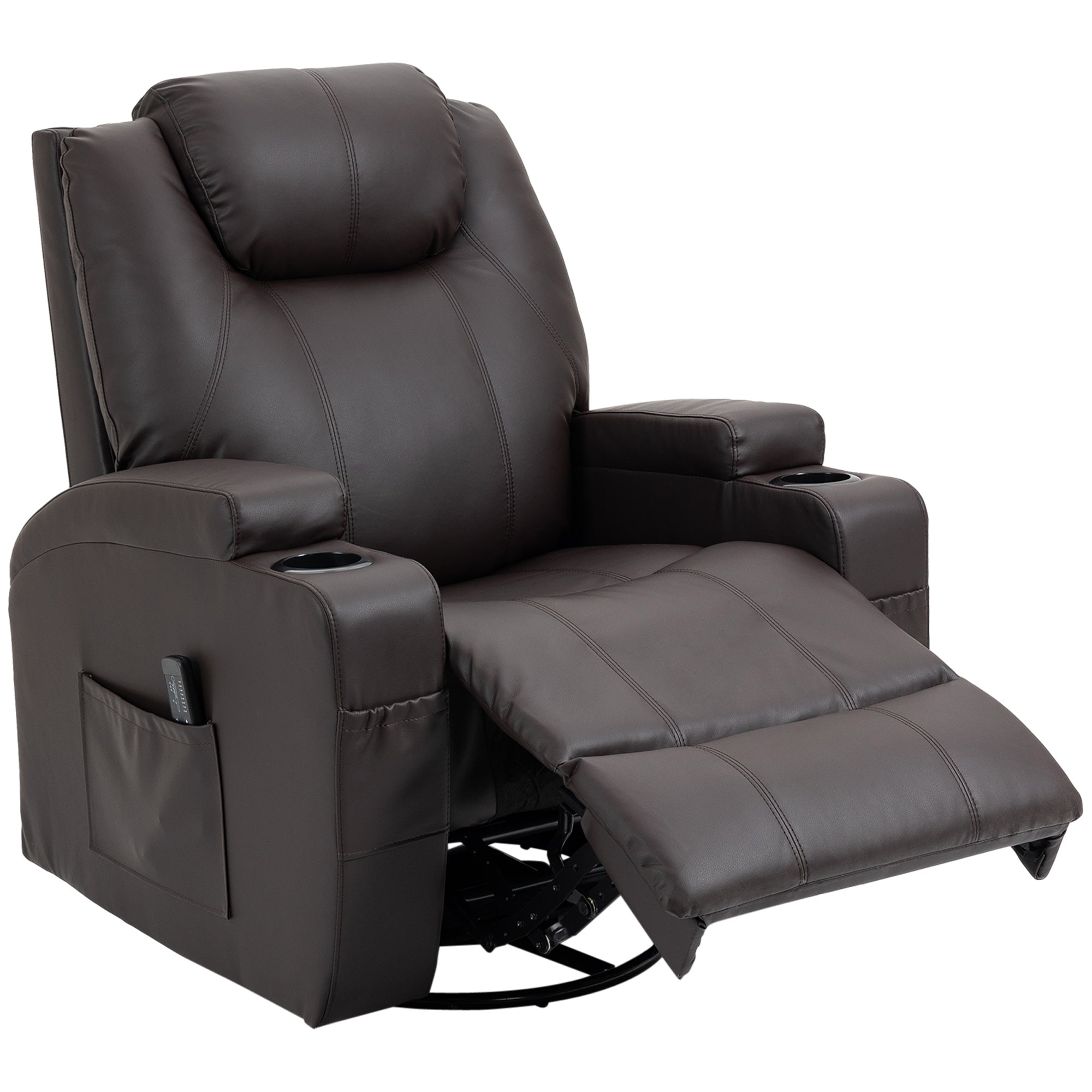 HOMCOM Massage Recliner Chair for Living Room with 8 Vibration Points, PU Leather Swivel Rocker Manual Reclining Chair with Cup Holders, Brown