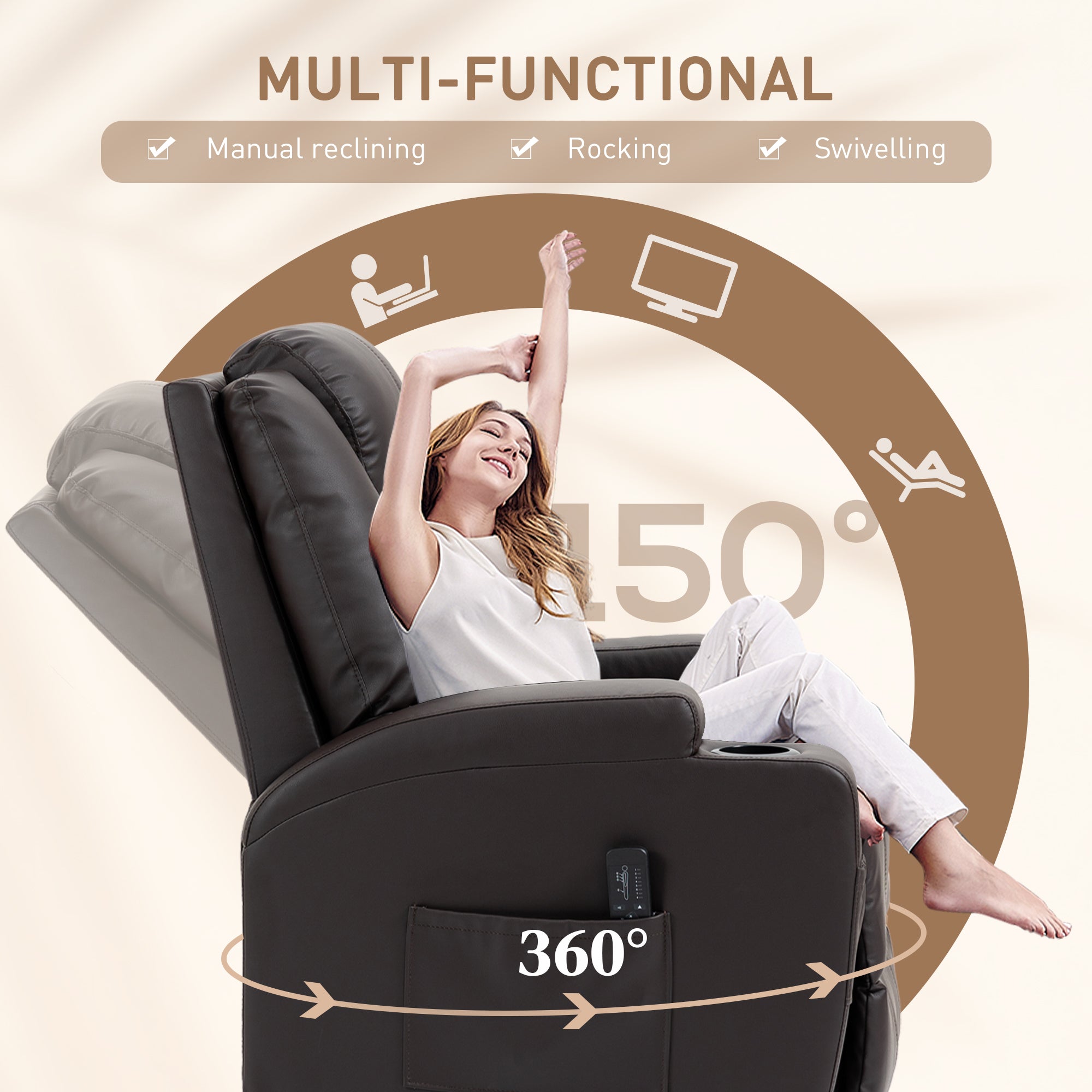 HOMCOM Massage Recliner Chair for Living Room with 8 Vibration Points, PU Leather Swivel Rocker Manual Reclining Chair with Cup Holders, Brown