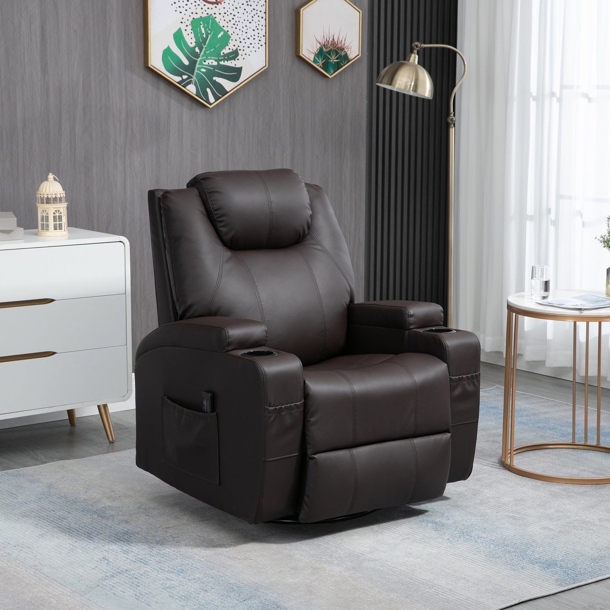 HOMCOM Massage Recliner Chair for Living Room with 8 Vibration Points, PU Leather Swivel Rocker Manual Reclining Chair with Cup Holders, Brown