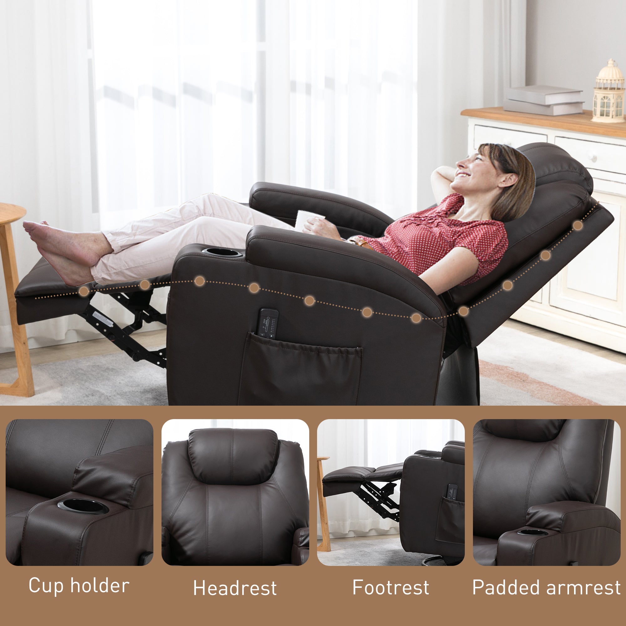 HOMCOM Massage Recliner Chair for Living Room with 8 Vibration Points, PU Leather Swivel Rocker Manual Reclining Chair with Cup Holders, Brown