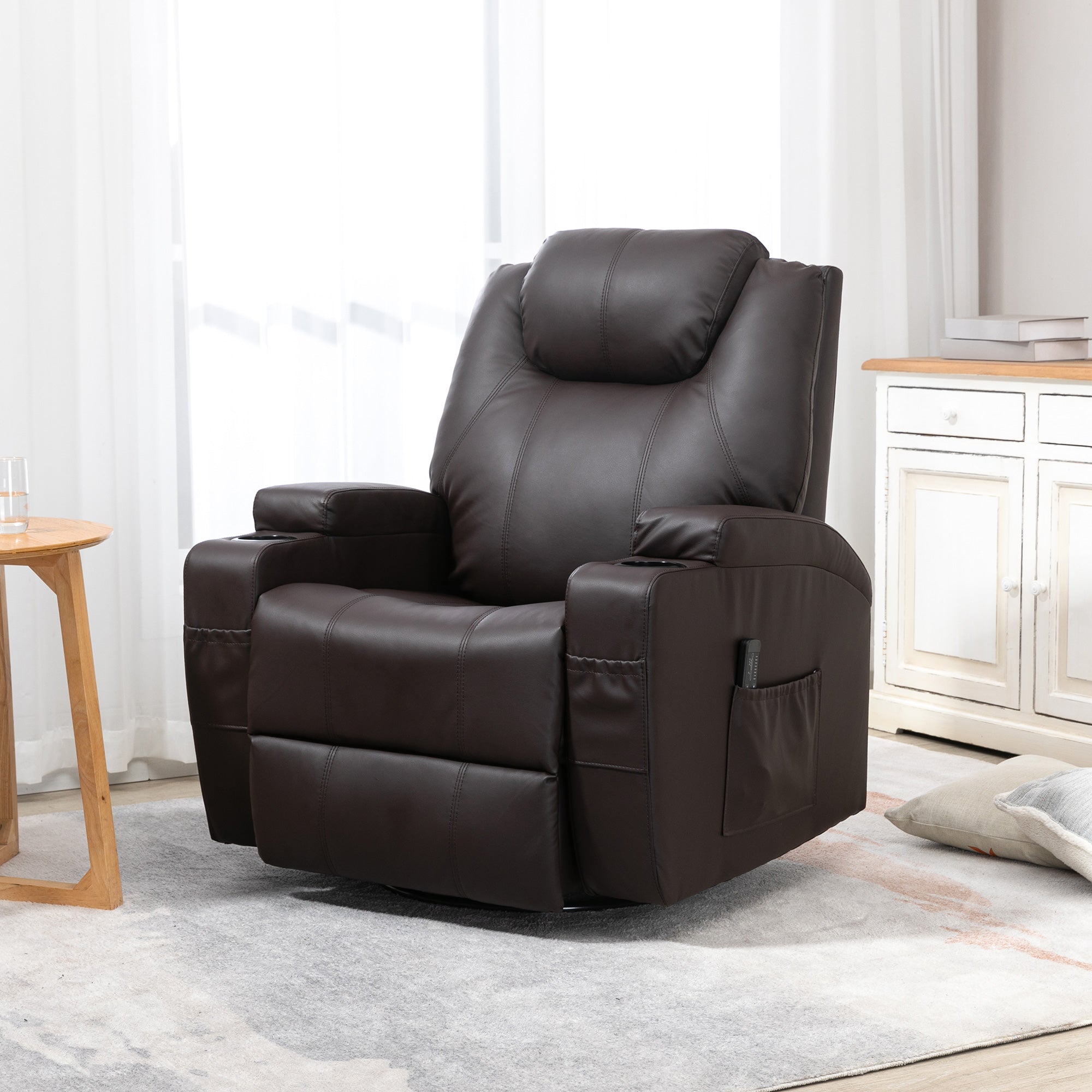 HOMCOM Massage Recliner Chair for Living Room with 8 Vibration Points, PU Leather Swivel Rocker Manual Reclining Chair with Cup Holders, Brown