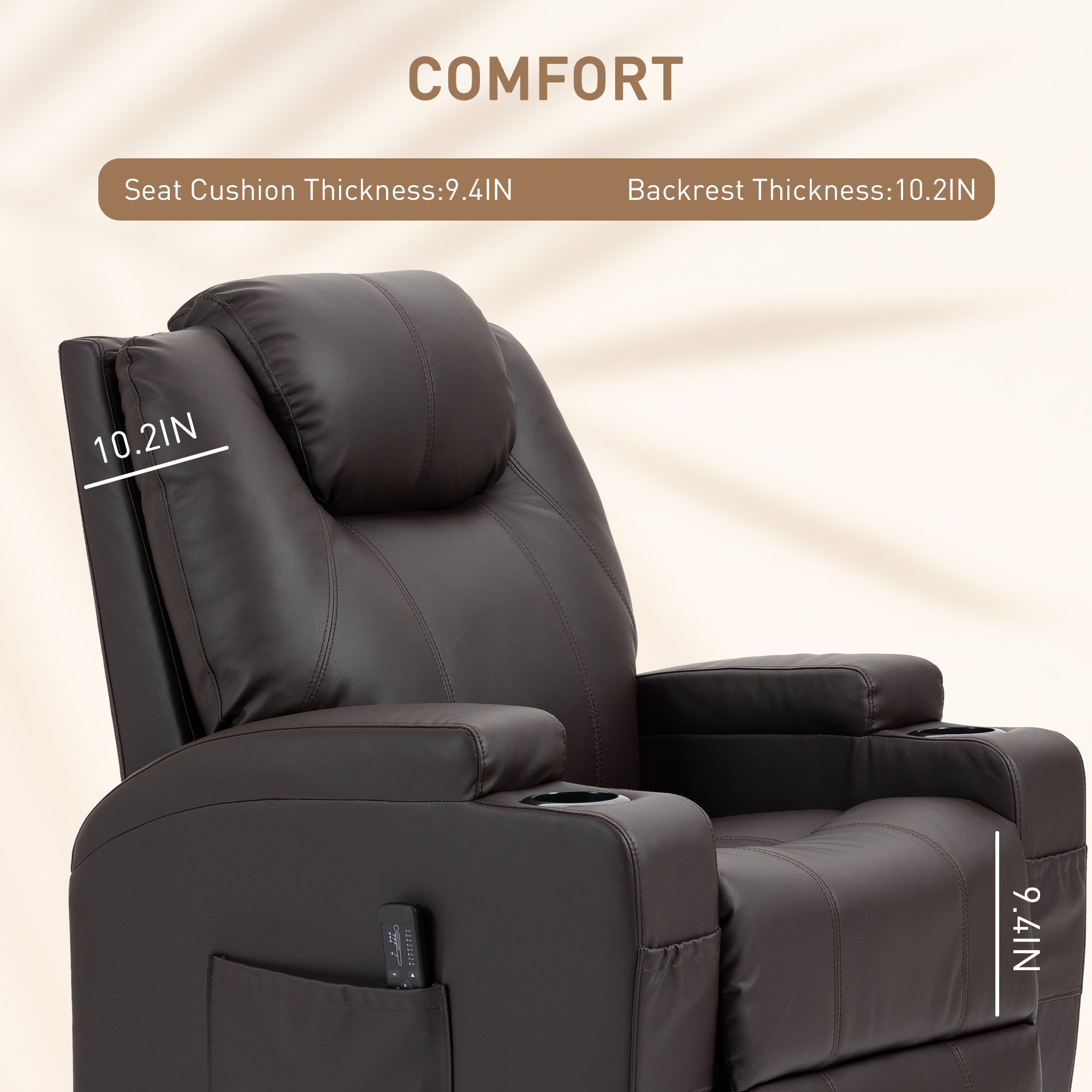 HOMCOM Massage Recliner Chair for Living Room with 8 Vibration Points, PU Leather Swivel Rocker Manual Reclining Chair with Cup Holders, Brown