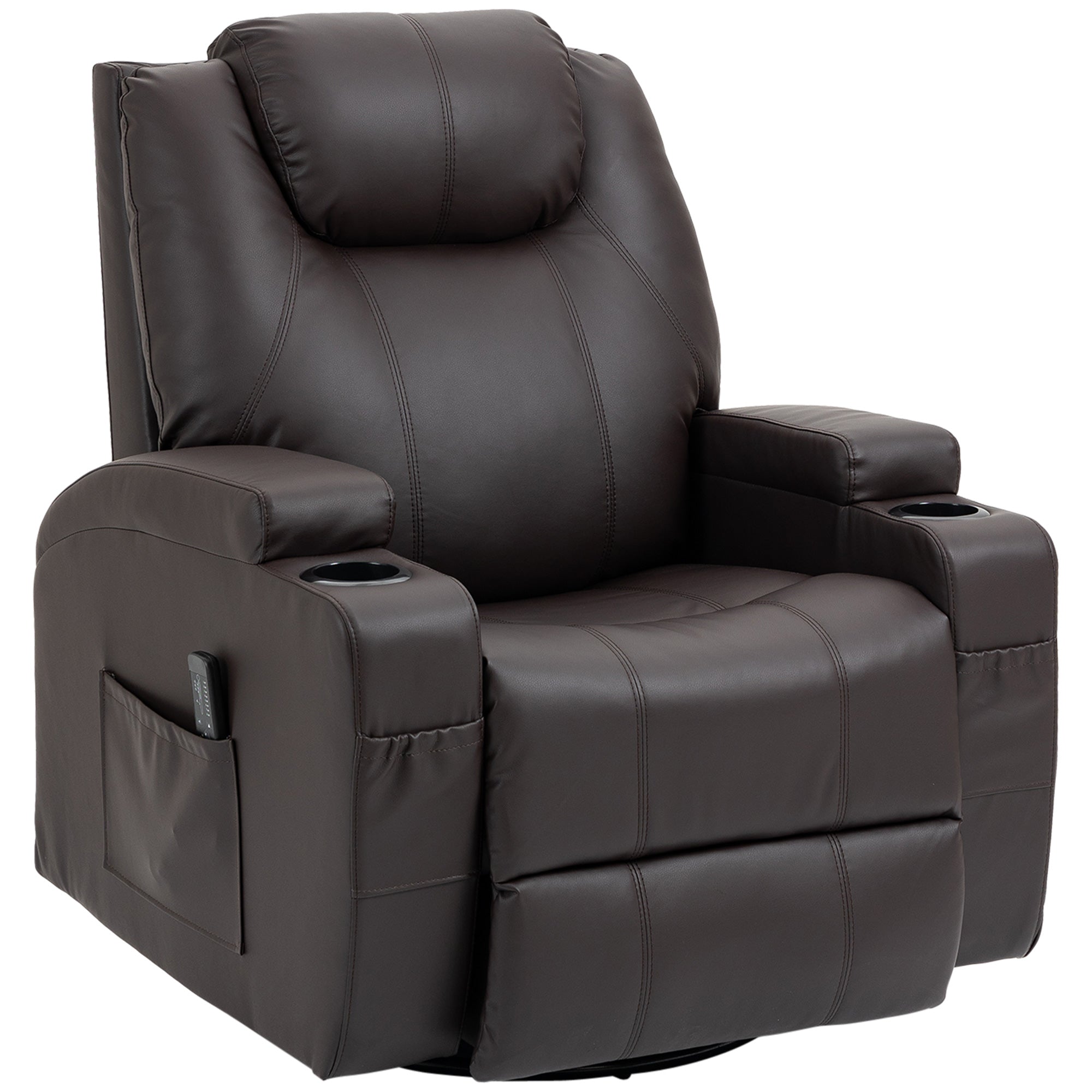 HOMCOM Massage Recliner Chair for Living Room with 8 Vibration Points, PU Leather Swivel Rocker Manual Reclining Chair with Cup Holders, Brown