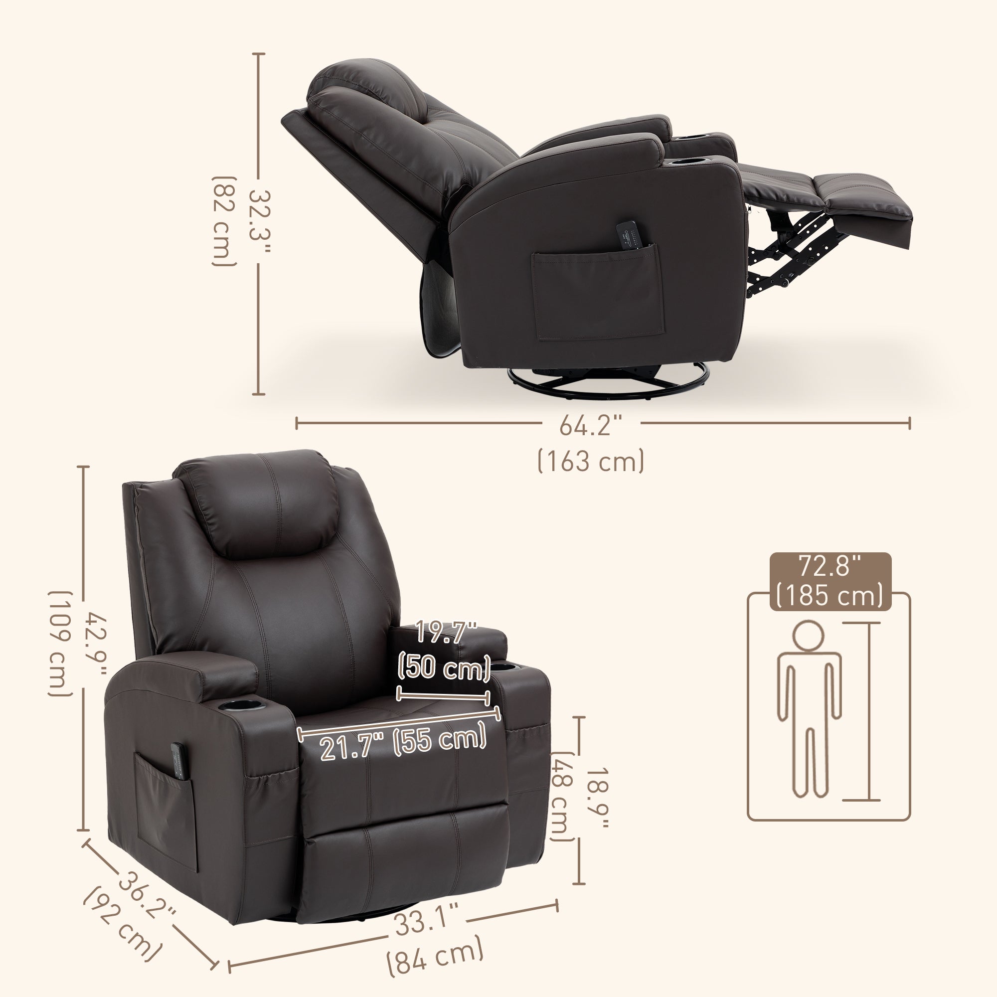 HOMCOM Massage Recliner Chair for Living Room with 8 Vibration Points, PU Leather Swivel Rocker Manual Reclining Chair with Cup Holders, Brown