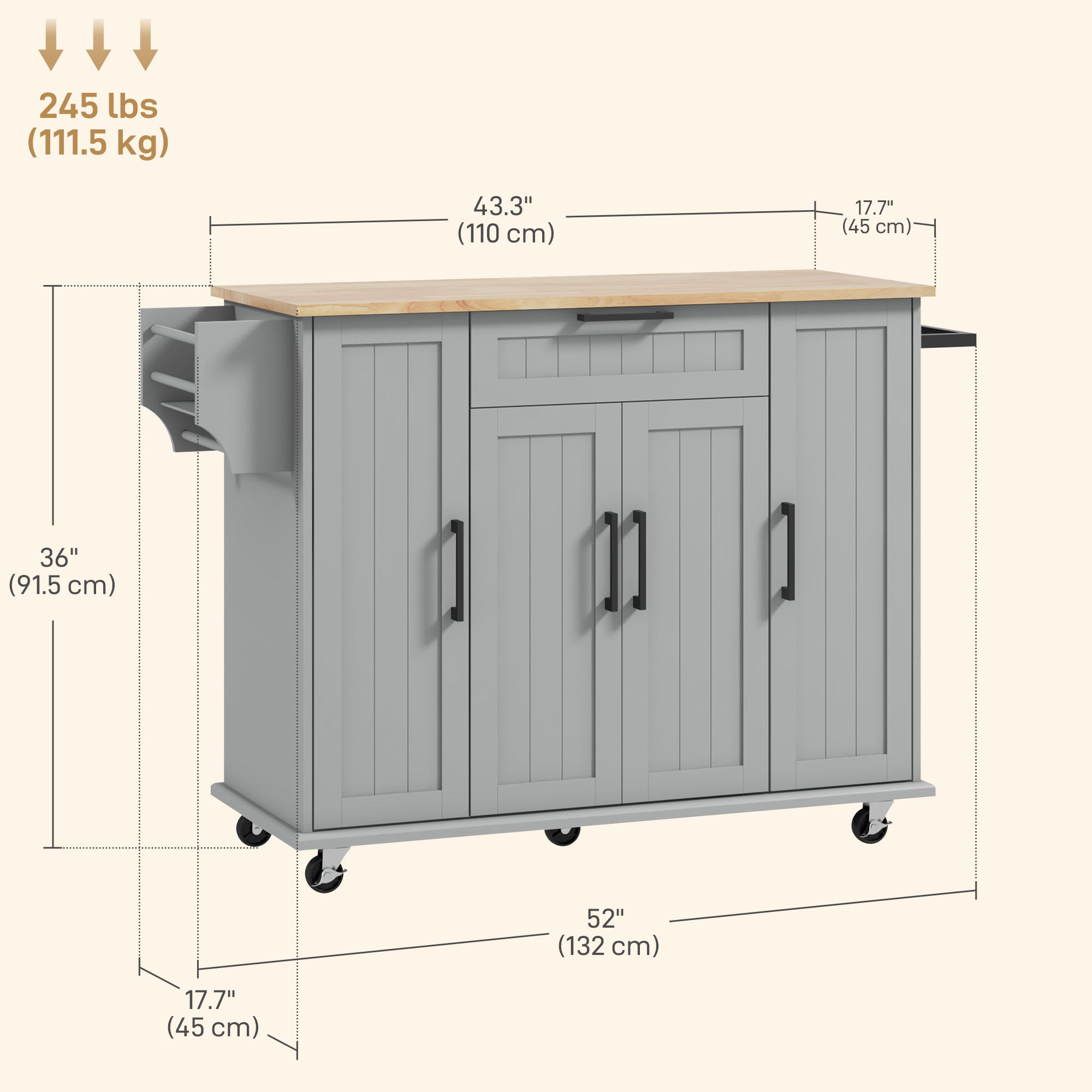 HOMCOM Kitchen Island with Storage, Rolling Kitchen Cart with Rubberwood Top, Drawer, Spice Rack, Towel Rack, Storage Cabinet with Inner Adjustable Shelves, Grey