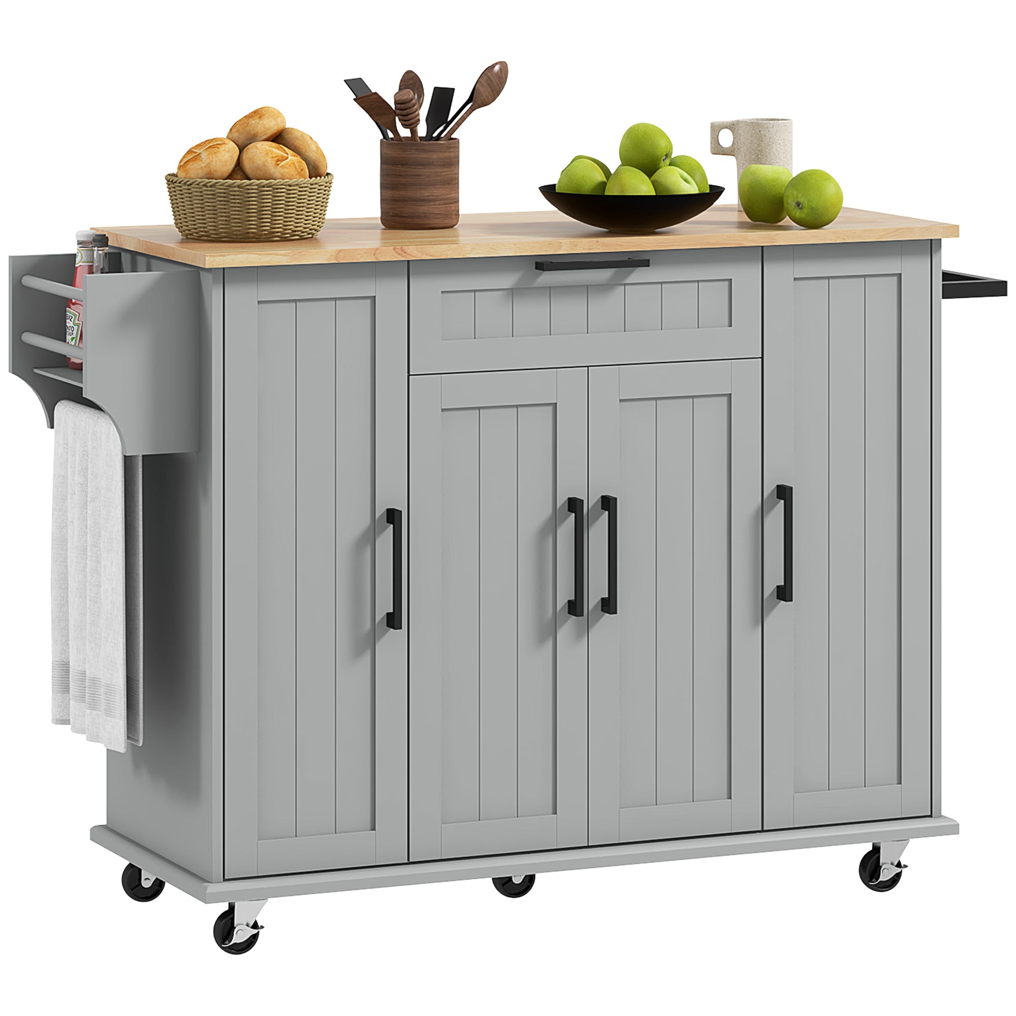 HOMCOM Kitchen Island with Storage, Rolling Kitchen Cart with Rubberwood Top, Drawer, Spice Rack, Towel Rack, Storage Cabinet with Inner Adjustable Shelves, Grey