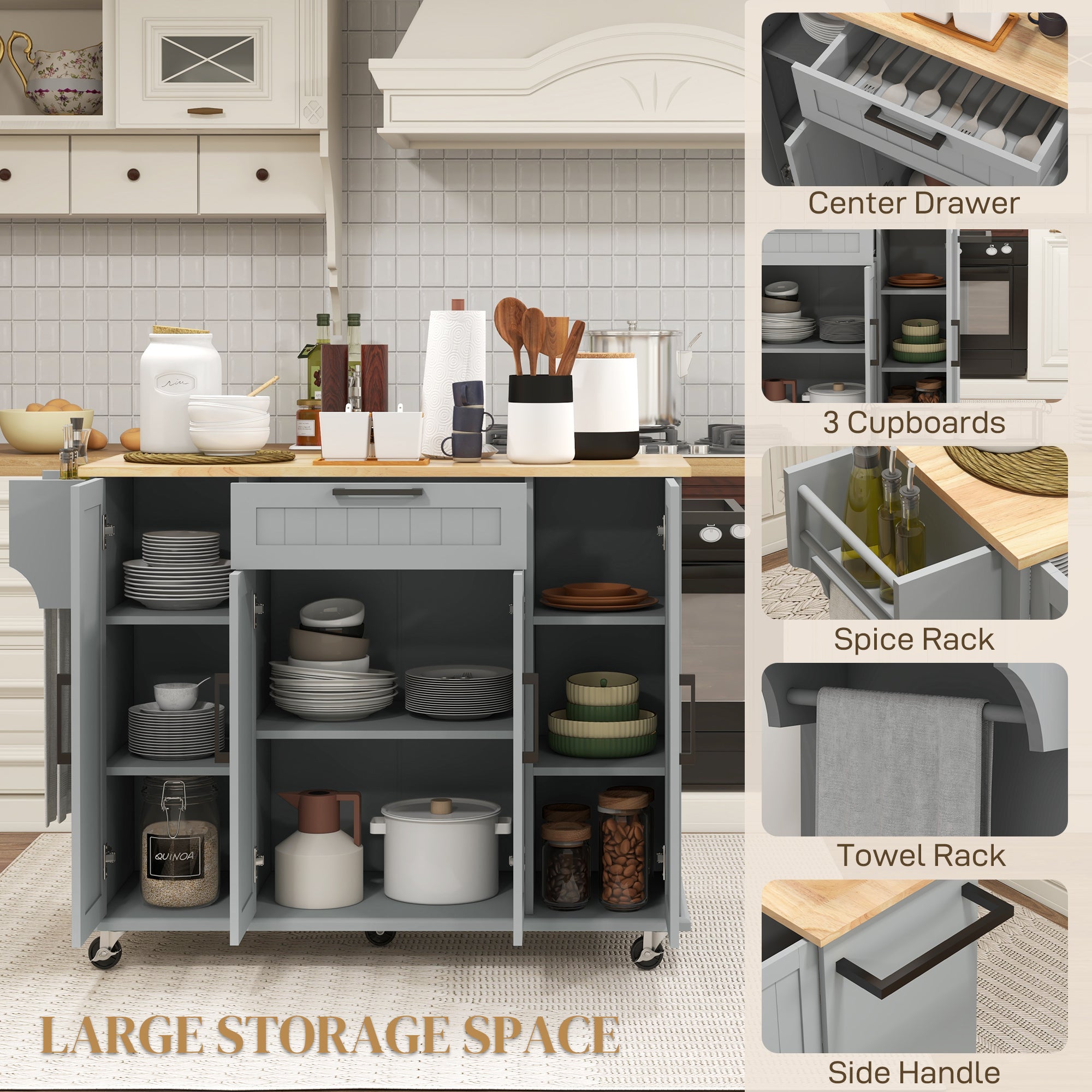 HOMCOM Kitchen Island with Storage, Rolling Kitchen Cart with Rubberwood Top, Drawer, Spice Rack, Towel Rack, Storage Cabinet with Inner Adjustable Shelves, Grey