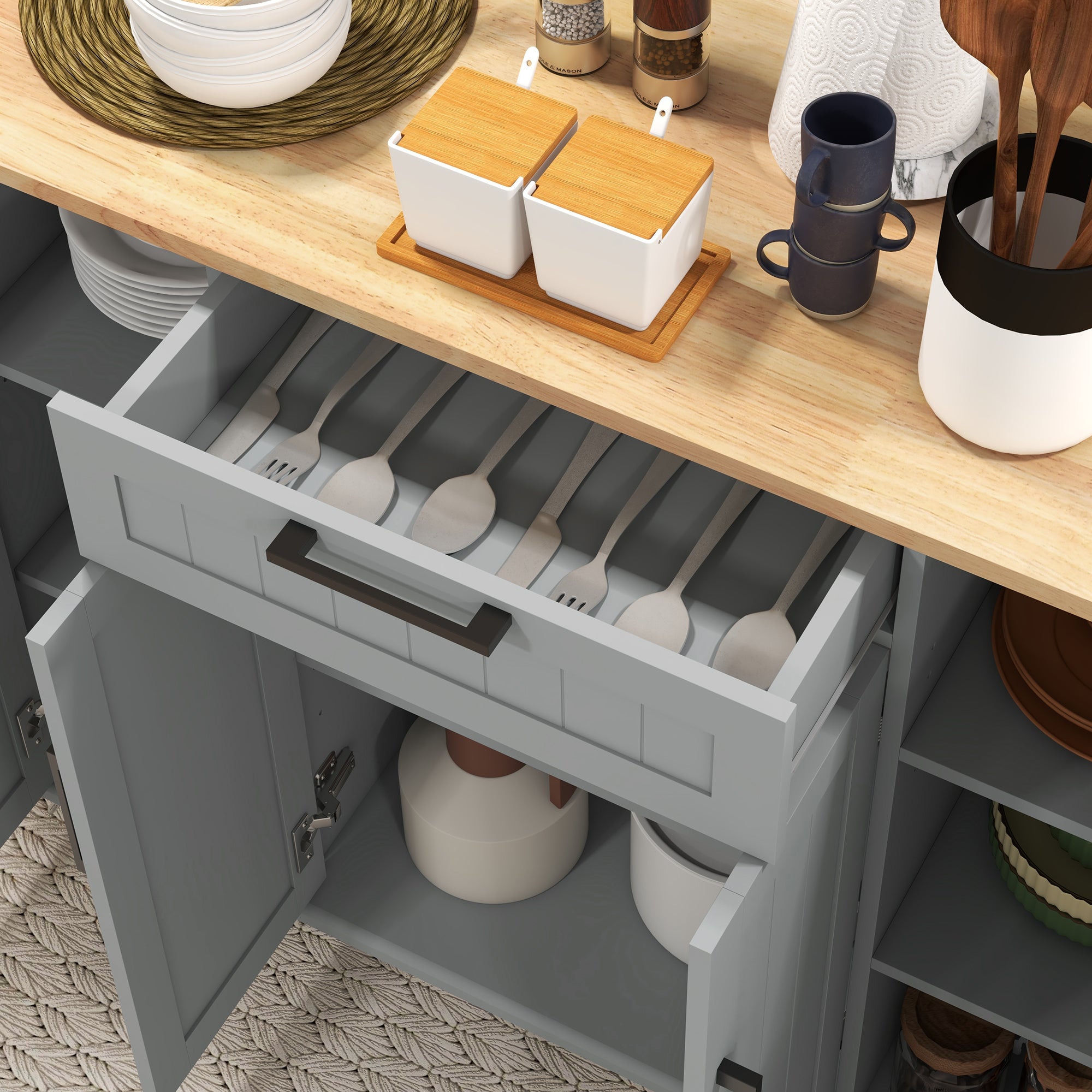 HOMCOM Kitchen Island with Storage, Rolling Kitchen Cart with Rubberwood Top, Drawer, Spice Rack, Towel Rack, Storage Cabinet with Inner Adjustable Shelves, Grey