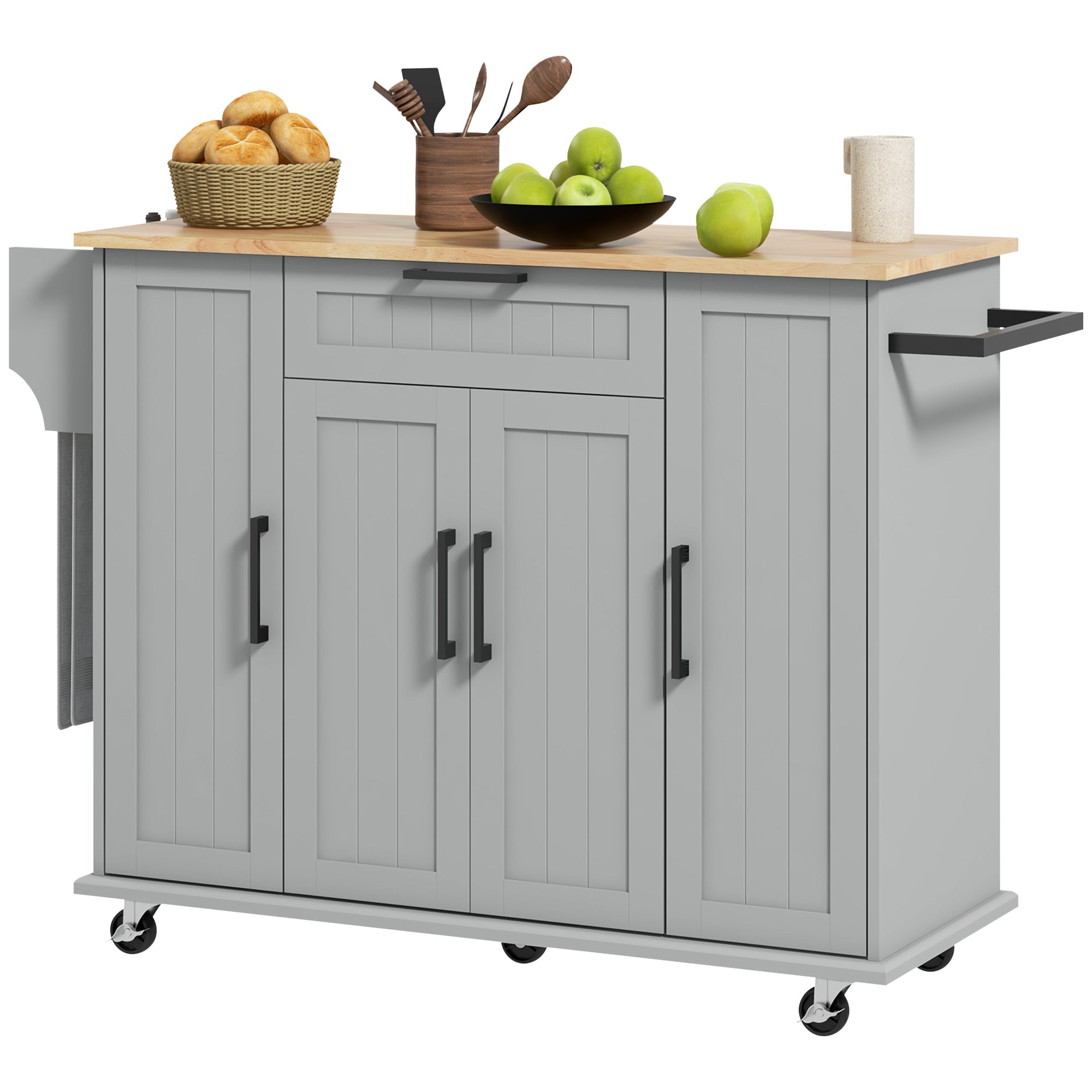 HOMCOM Kitchen Island with Storage, Rolling Kitchen Cart with Rubberwood Top, Drawer, Spice Rack, Towel Rack, Storage Cabinet with Inner Adjustable Shelves, Grey