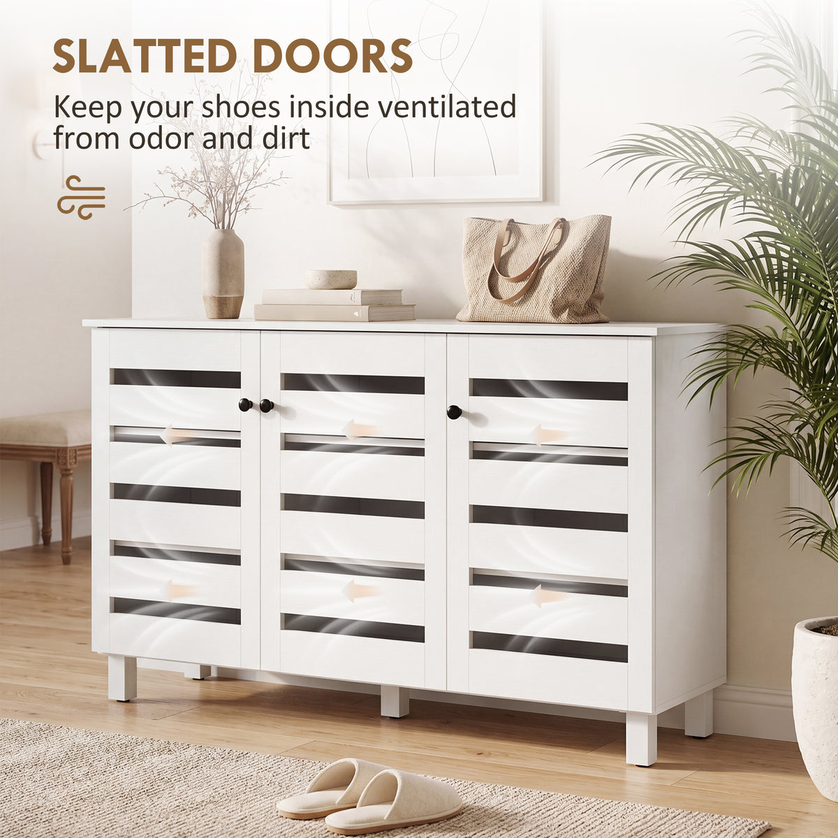Shoe Cabinet, Shoe Storage Cabinet with 3 Slatted Doors, 3-tier Shelving Shoe Rack Cabinet with Adjustable Shelves for Entryway, Hallway, Living Room, Holds 15 Pairs, White