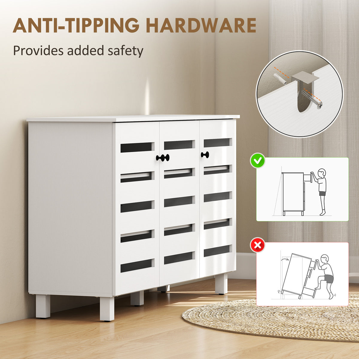 Shoe Cabinet, Shoe Storage Cabinet with 3 Slatted Doors, 3-tier Shelving Shoe Rack Cabinet with Adjustable Shelves for Entryway, Hallway, Living Room, Holds 15 Pairs, White