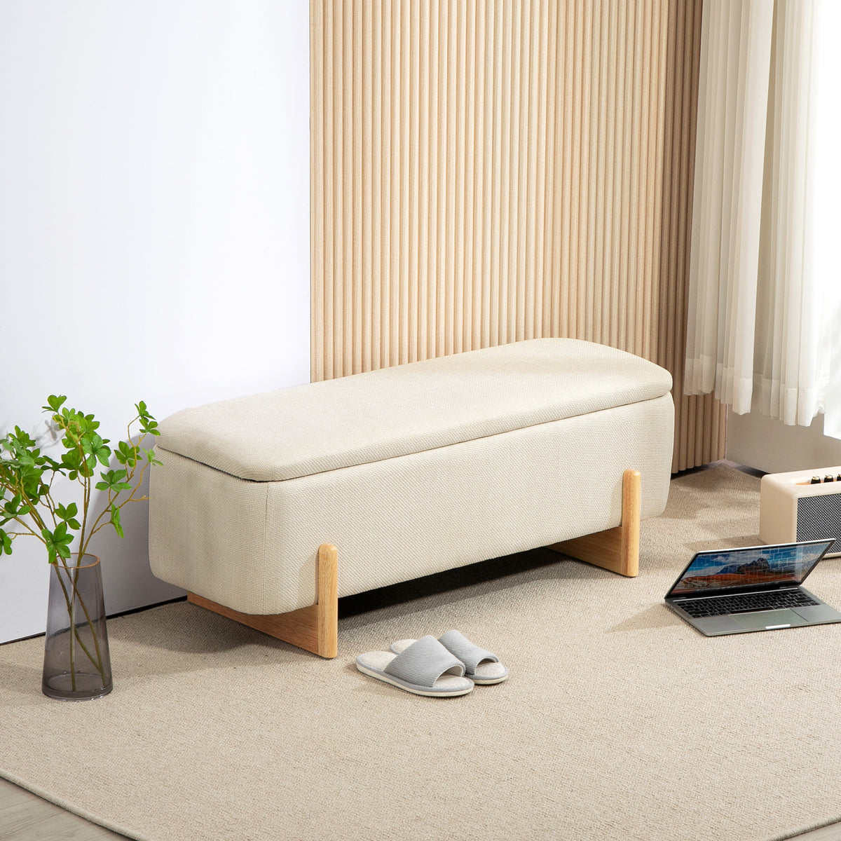 Storage Ottoman with Linen-Look Upholstery, Storage Bench with Safety Hinges and Wooden Legs for Bedroom, Hallway, Cream White
