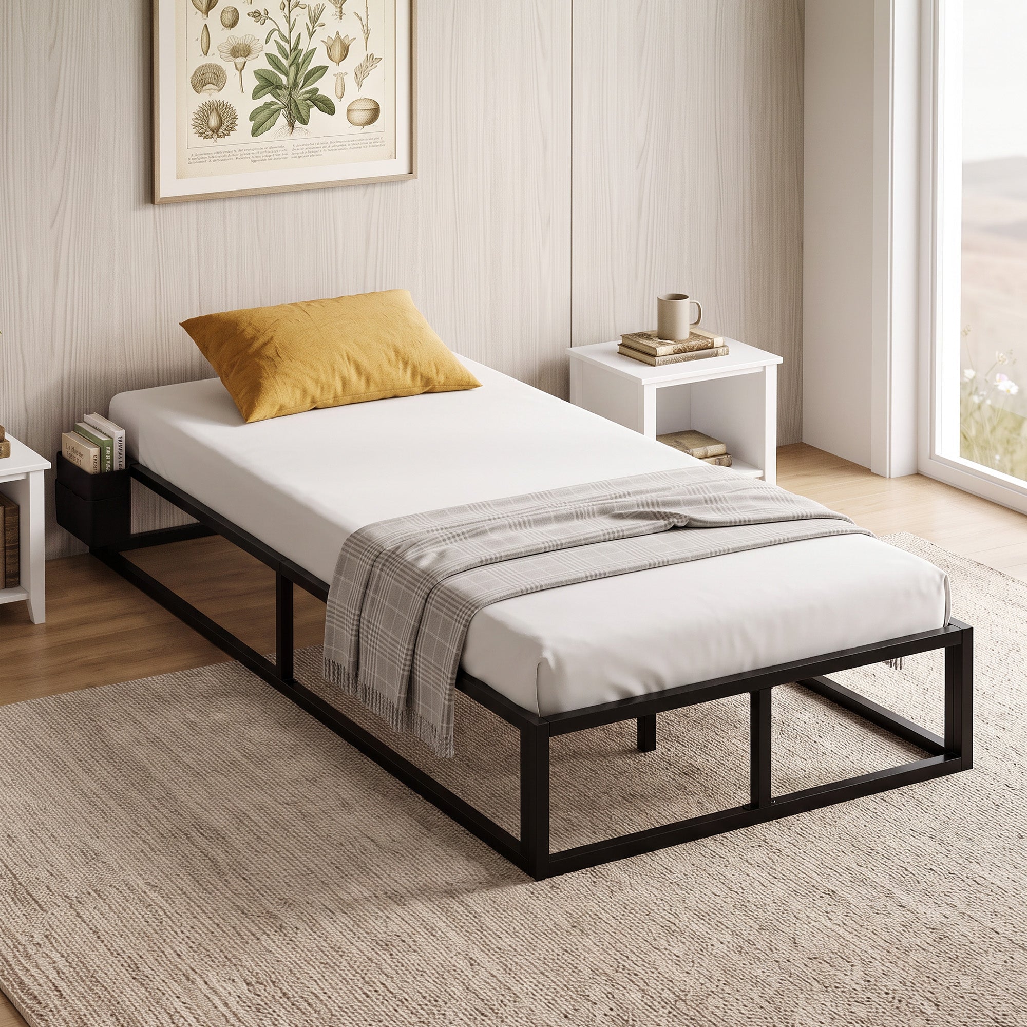 3ft Single Bed Frame with Storage Bag, 12 Slats Metal Platform Bed Frame, Mattress Foundation, Noise-Reducing centre Bar and Anti-Slip Pads, Wood Slat Support, Strong Support, Black