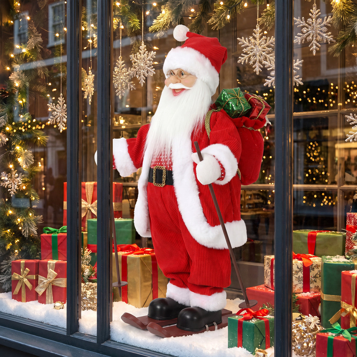 2ft Singing Skiing Santa Claus, 66 cm Standing Musical Animated Santa with Ski Board, Poles, Sack, Posable Arms, Handcrafted, Sound Touch Activated, Moving Christmas Figure Decoration