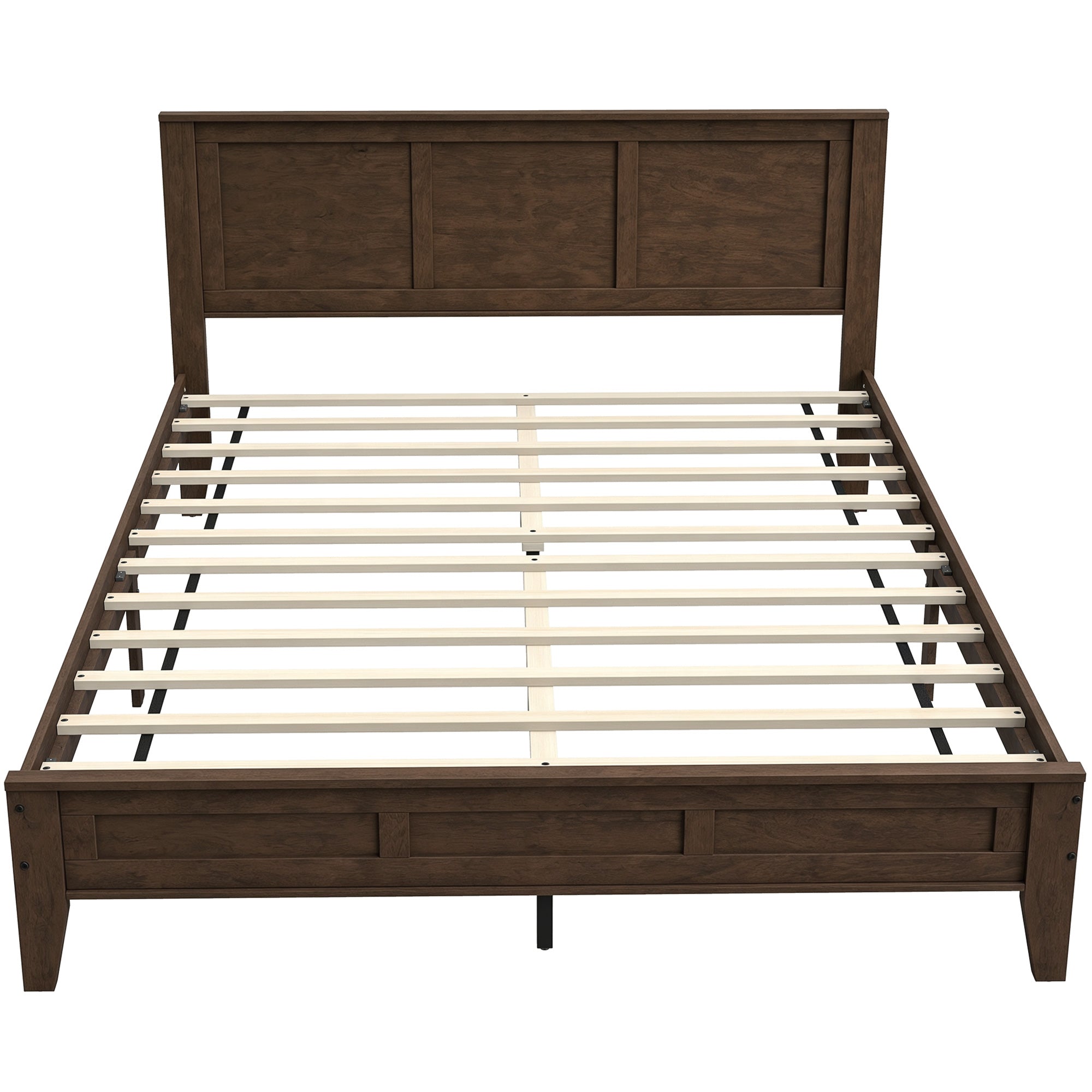 Queen Size Wood Platform Bed Frame with Headboard and Footboard, Mid-Century Bed Frame with Slat Support, Mattress Foundation with Under-Bed Storage, No Box Spring Needed, Easy Assembly, Walnut