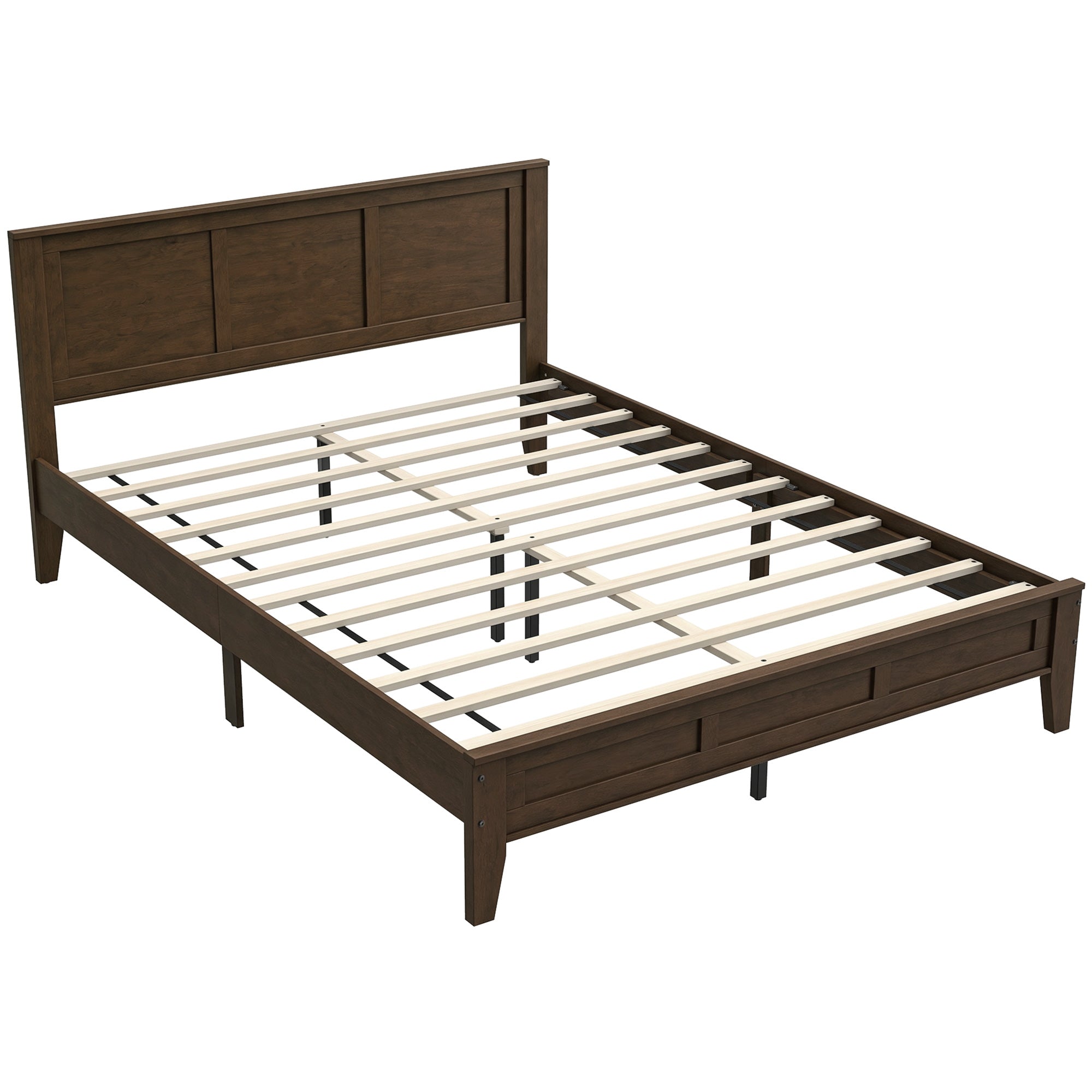 Queen Size Wood Platform Bed Frame with Headboard and Footboard, Mid-Century Bed Frame with Slat Support, Mattress Foundation with Under-Bed Storage, No Box Spring Needed, Easy Assembly, Walnut