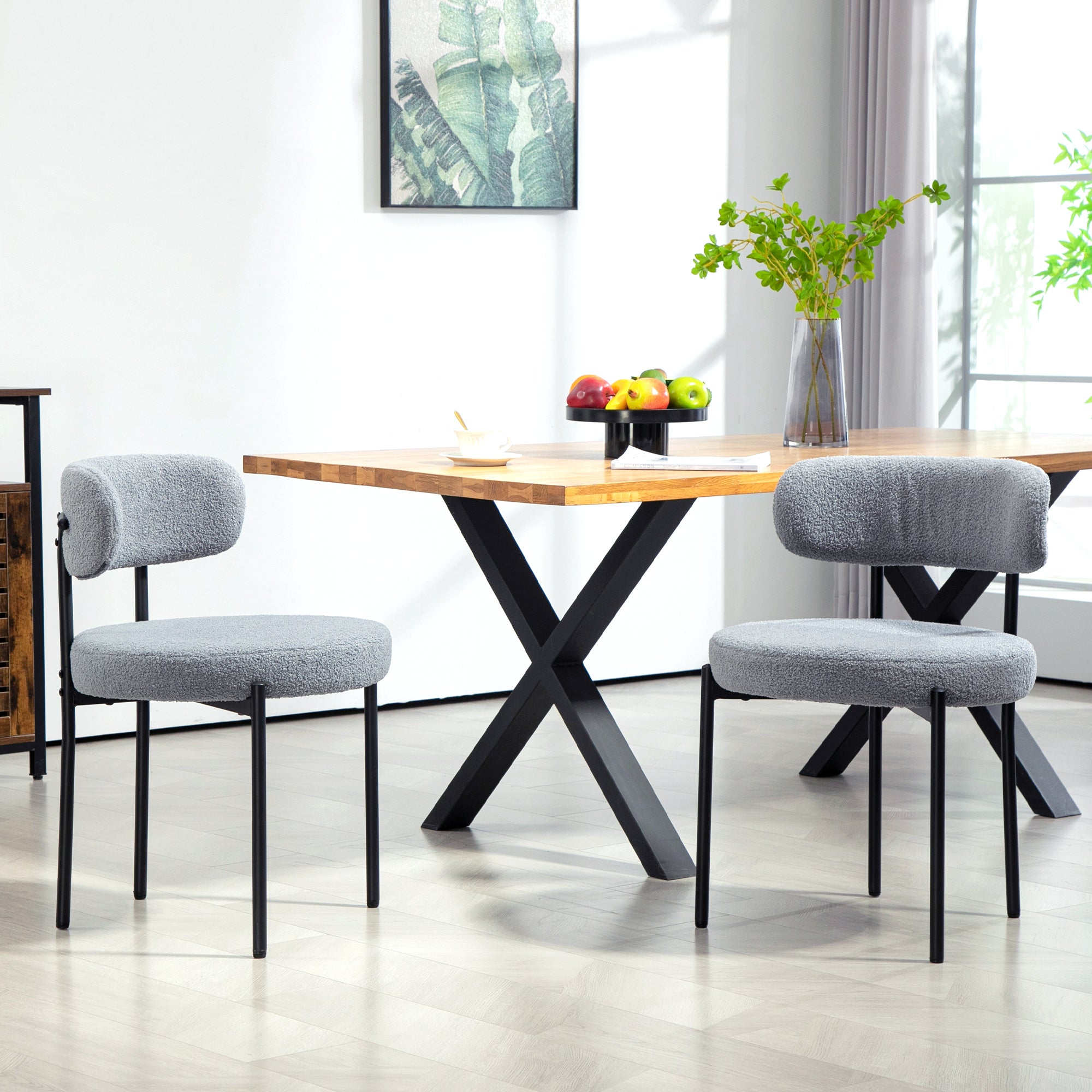 HOMCOM Dining Chairs Set of 2, Modern Kitchen Chairs with Berber Fleece Upholstery and Steel Legs for Living Room, Bedroom, Grey