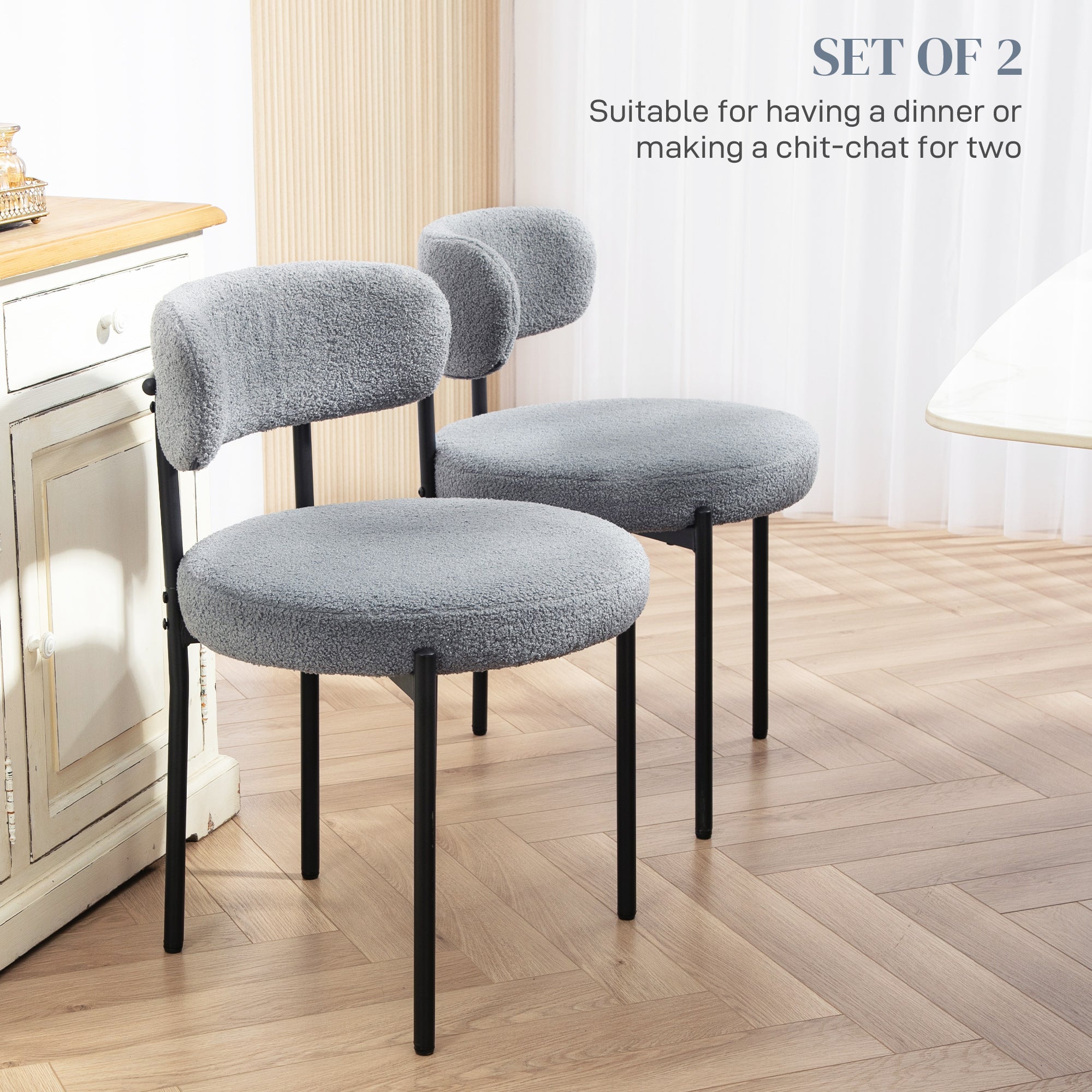 HOMCOM Dining Chairs Set of 2, Modern Kitchen Chairs with Berber Fleece Upholstery and Steel Legs for Living Room, Bedroom, Grey